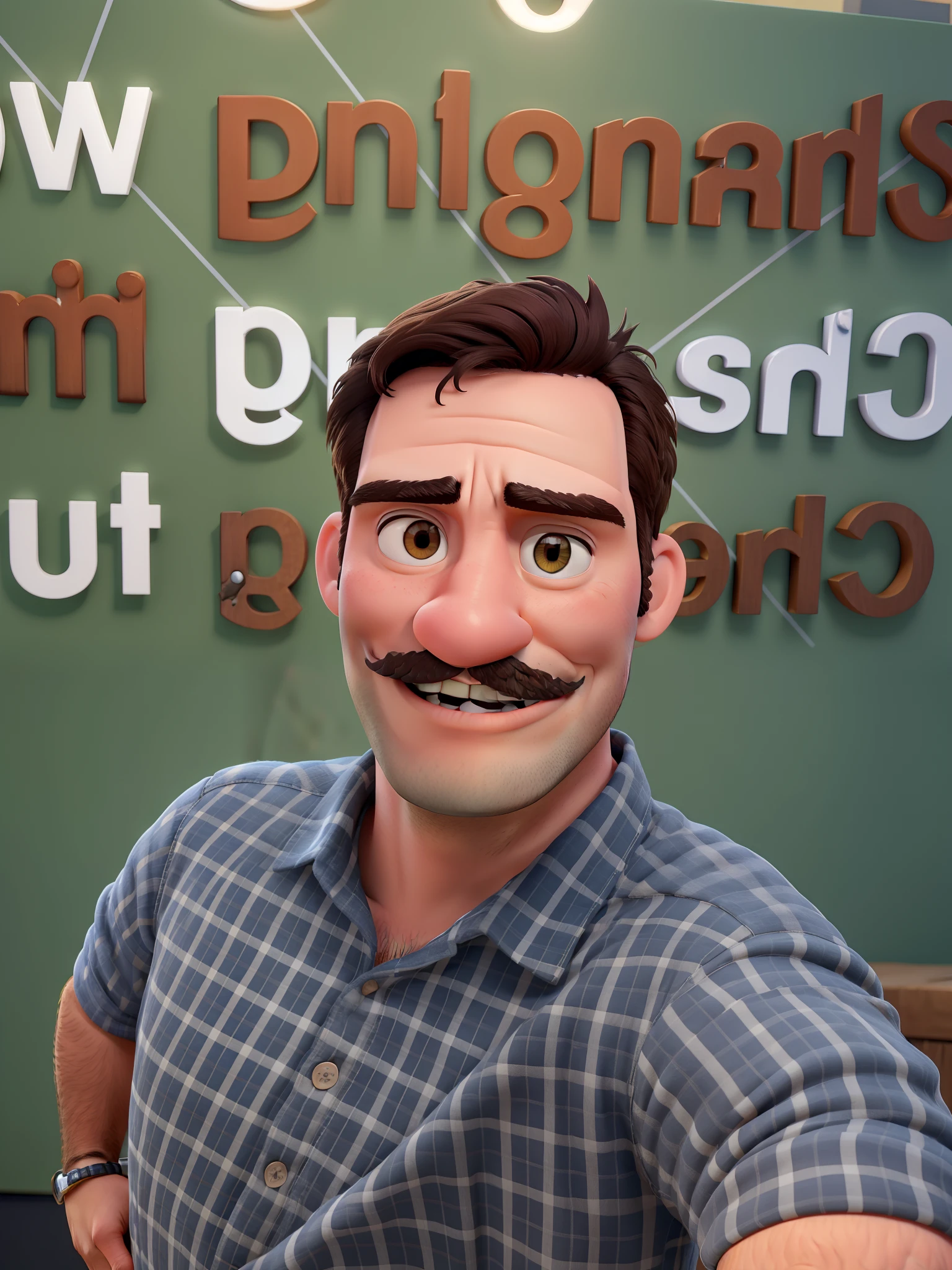 Foto de um homem forte no modelo pixar, com olhos castanhos claros e com um bigode bonito.