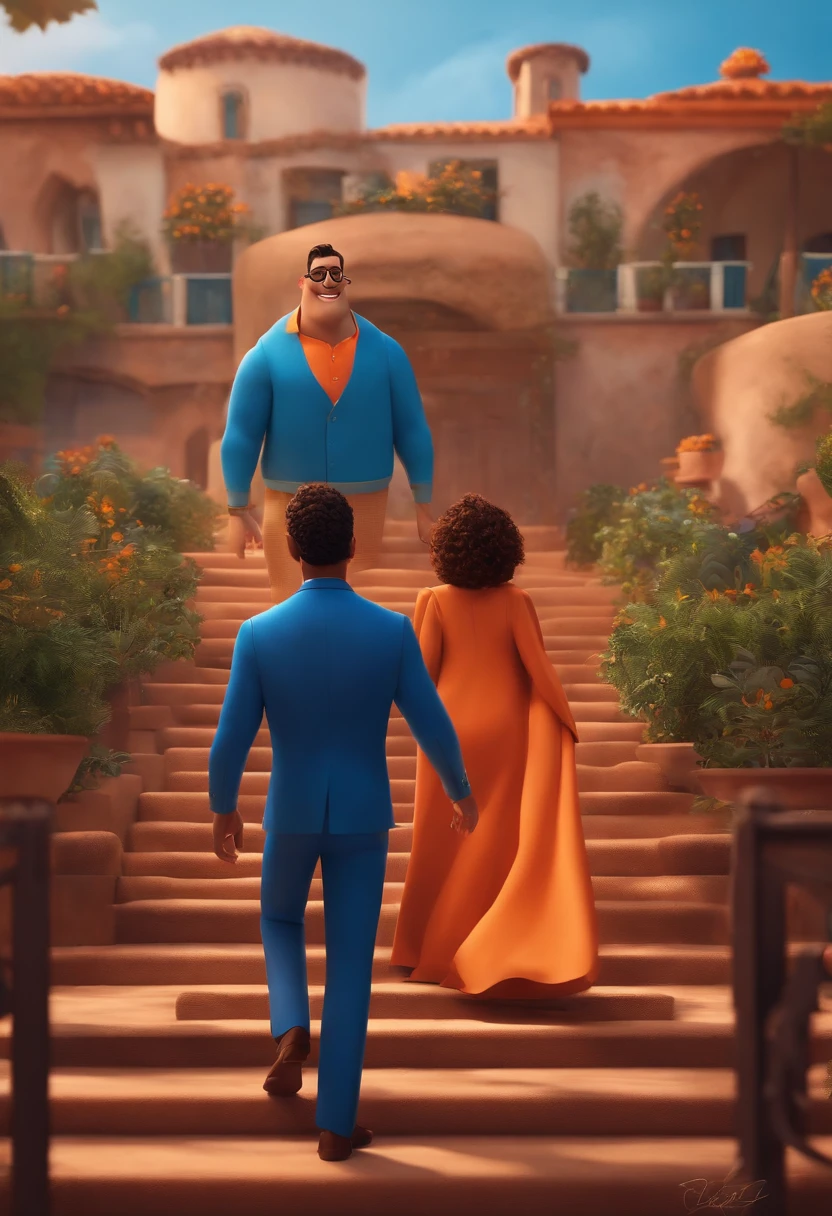Personagem homem de 30 anos, estilo Pixar, corpo inteiro, alta qualidade, com uma escada nas costa, roupa com cores azul e laranja