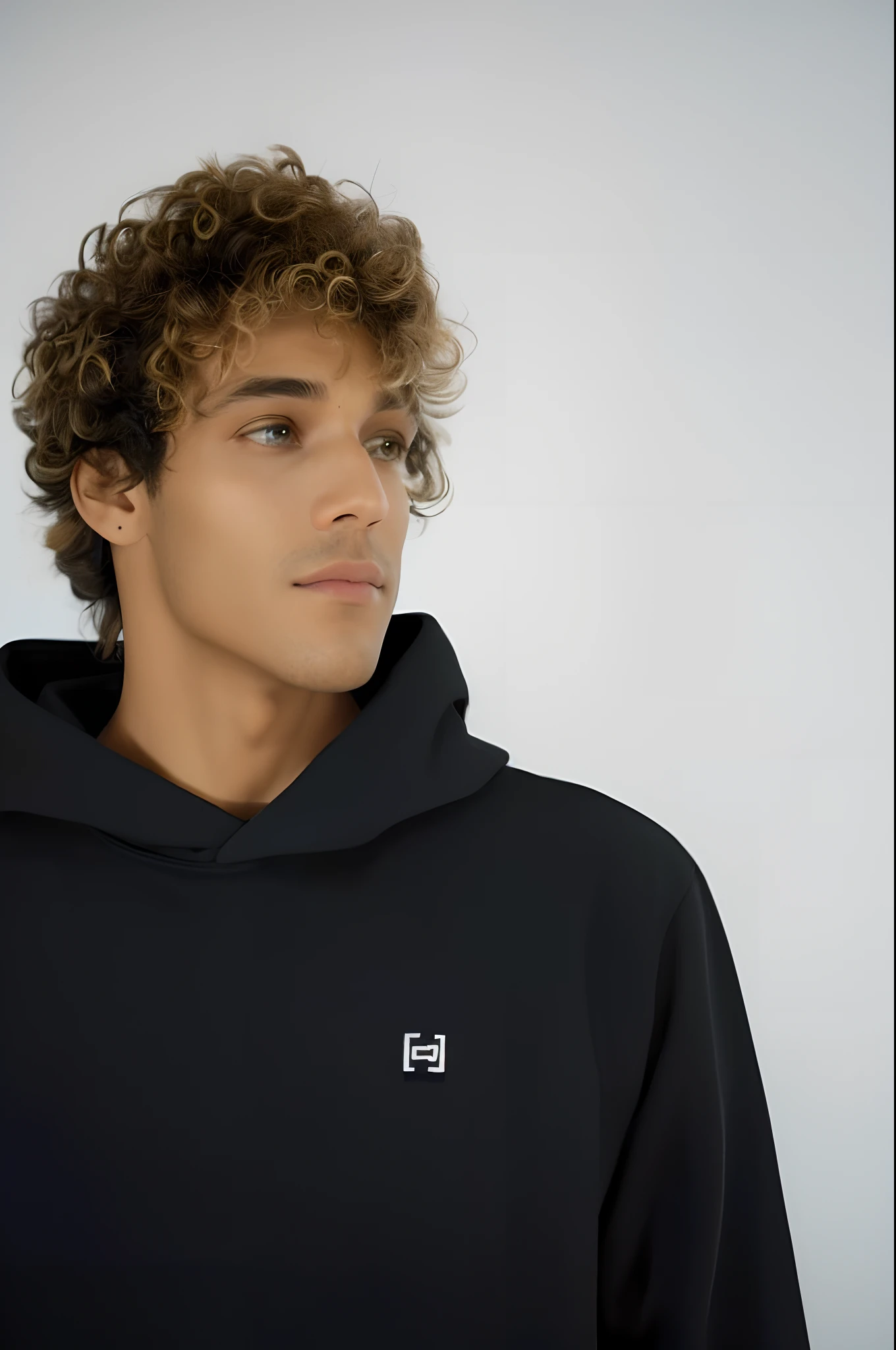 Homem com cabelos cacheados usando um capuz preto, usando um capuz preto, outlive streetwear collection, preto Hoodie Techie, em um moletom preto, capuz preto, Capuz, Ensaio do produto, Hoody, Looking towards the camera, foto oficial do produto, face quadrada, Estilo Temor de Deus, foto do produto em miniatura, imagem frontal, trending on r/streetwear