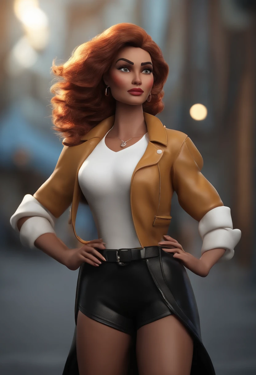 personagem dos desenhos animados de um mulher com cabelos pretos curtinhos e uma jaqueta de couro preta, Black leather pants and white t-shirt, animation character, Caractere estilizado, animation style rendering, 3D estilizado, Arnold Maya render, 3 d render stylized, toon render keyshot, Personagem 3D, Personagem 3D, 3d rendering stylized, 3 d character render, personagem de desenho animado, Personagem de close up, Pose de personagem, (Estilo Pixar) (master part:1.2) (Bokeh) (best quality) (pele detalhada) (textura detalhada) (8k) (argila) (Cinematic lighting) (foco nítido