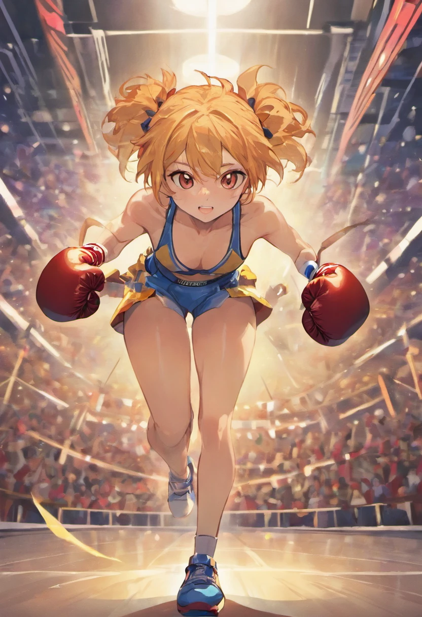 Boxeadora feminina de pleno direito、corpo inteiroesbian,tranca com cabelo loiro、branca、,loira dos olhos claros ,Black sports bra and shorts、luvas de boxe、With a keen eye、Pose de Boxe、Linha de cintura、black tennis shoes,Boxing Stadiums,20 anos de idade,HDR,profundidade de campos,Lentes de cinema,Ideal,Visuais em movimento,(s arte fractal:1.3)