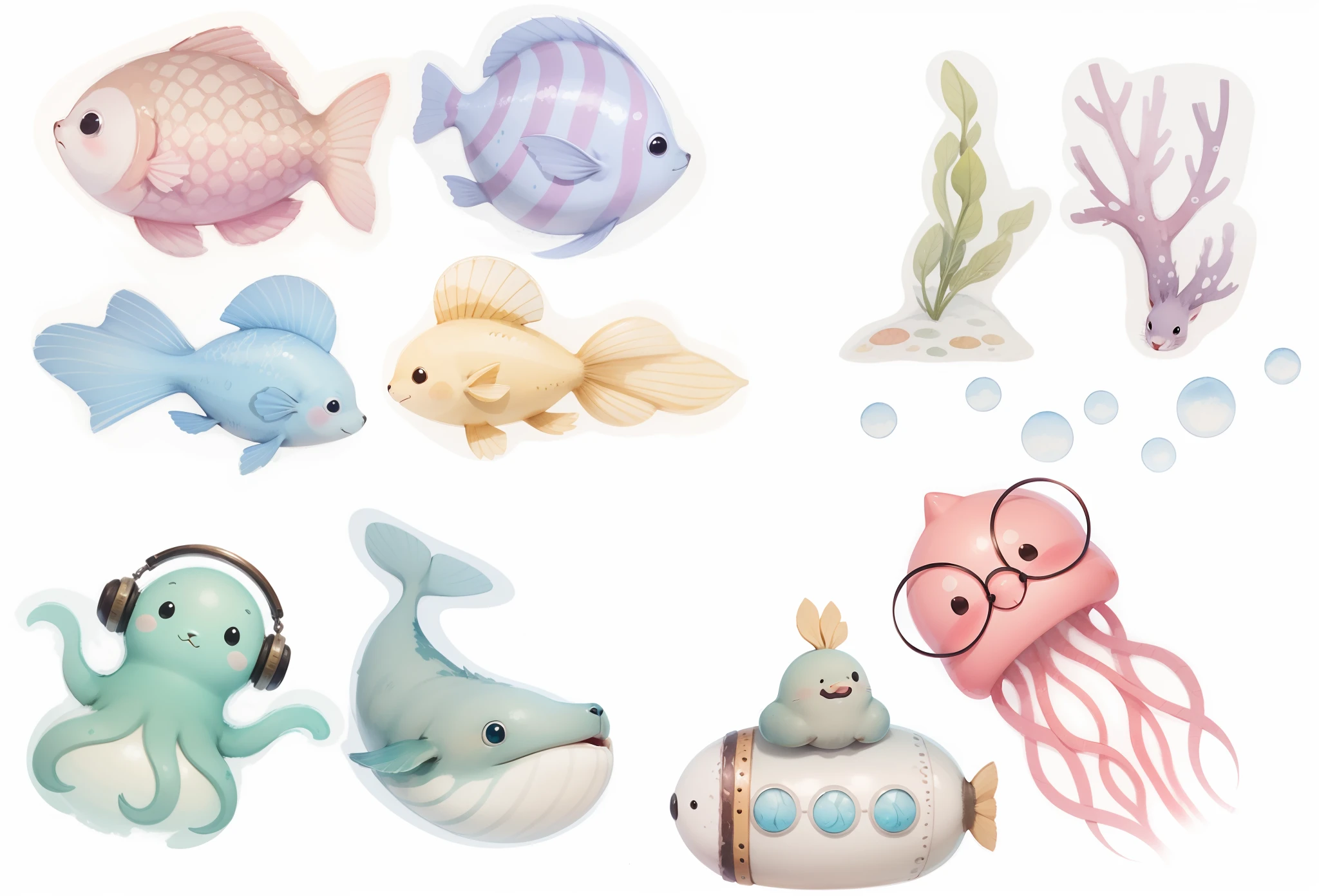 animais marinhos aquarelados fofos, bebes, corais , fundo do mar, alta resolução , Ghibli Style Studio.