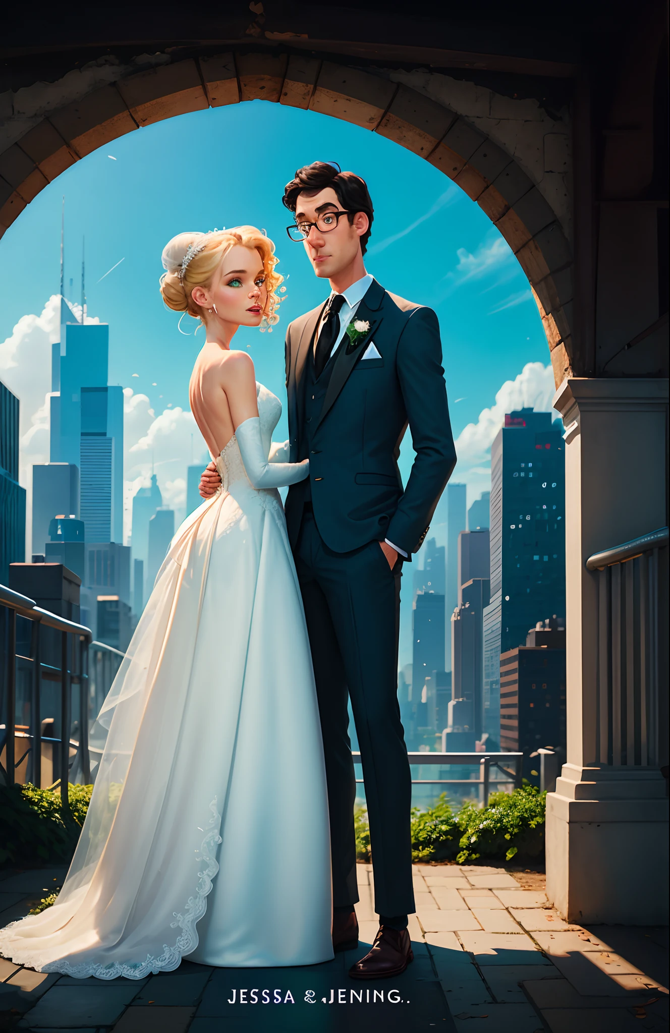 Make a Pixar style movie poster with the title “Jessica&Lucas”. The characters are a couple on their wedding day.
The man is, white, tall, black hair, glasses, blue suit and red tie.
The woman is white, blonde hair with a bun and curls, white wedding dress. Both have green eyes.
Make it like a Pixar movie style, with a city in the back. The image should be colorful like the Pixar movies.