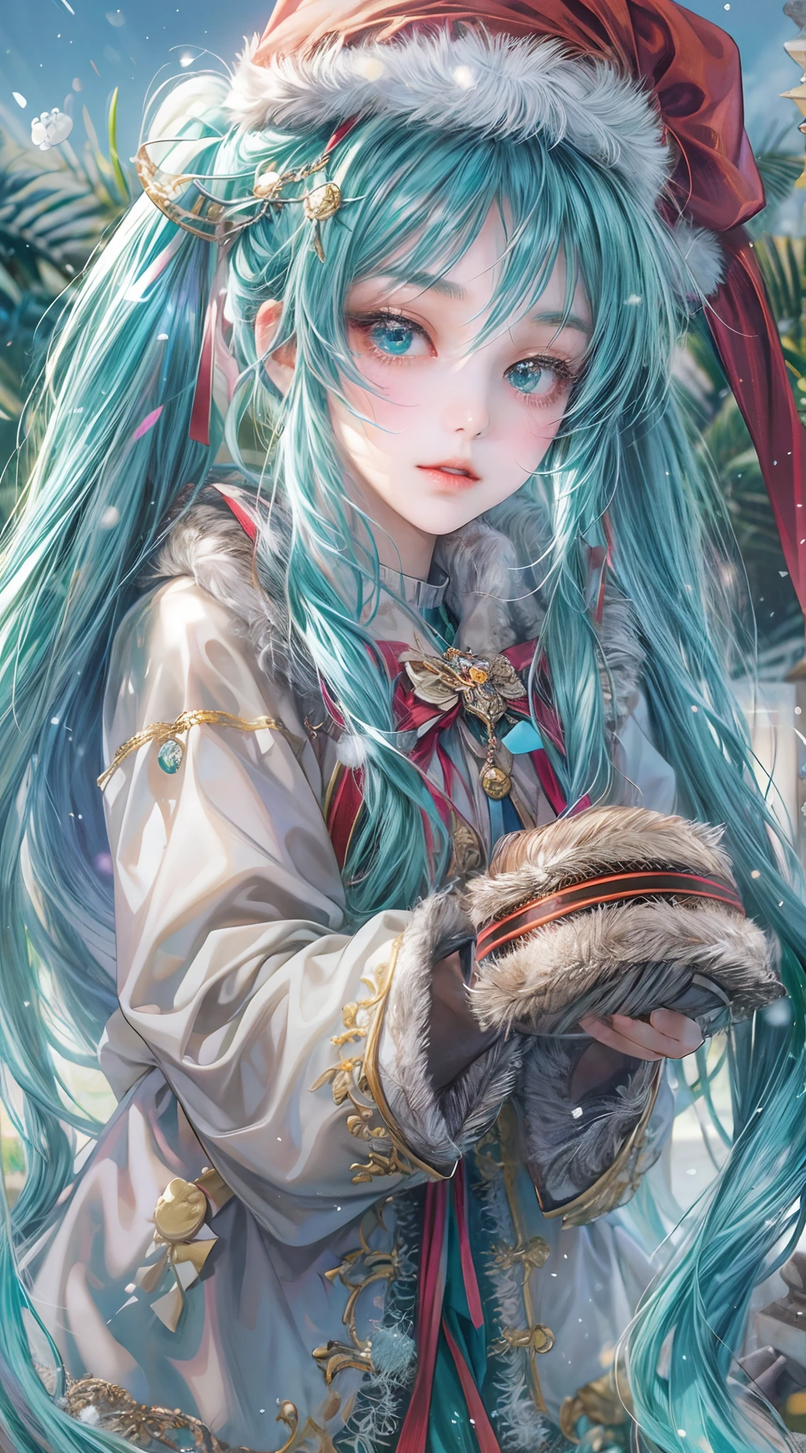 Absurdres masterpiece HDR high quality picture of Hatsune Miku, very young age girl 14 years old with detailed face, simple hair design , beautiful face, simple pose hands hiding in her long hair and clothes, very long hair, ((random hair style:1 )) , anime eyes, light skin , 

Santa Claus outfit , detailed hair ornaments  , winter muffs and fur hat, beautiful town background, masterpiece scenery
