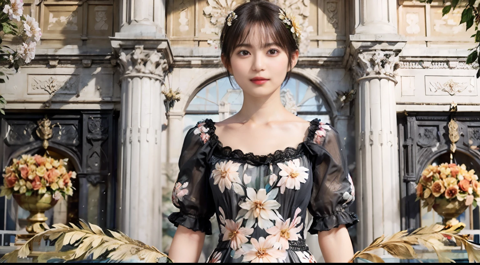 80
(20-year-old princess,is standing), (A hyper-realistic), (masutepiece), ((short-hair:1.46)), (Smooth black hair), (Breast:1.0), (kindly smile:0.9), (Floral Dresses:1.46), (Majestic Palace:1.46), Orange Lipstick