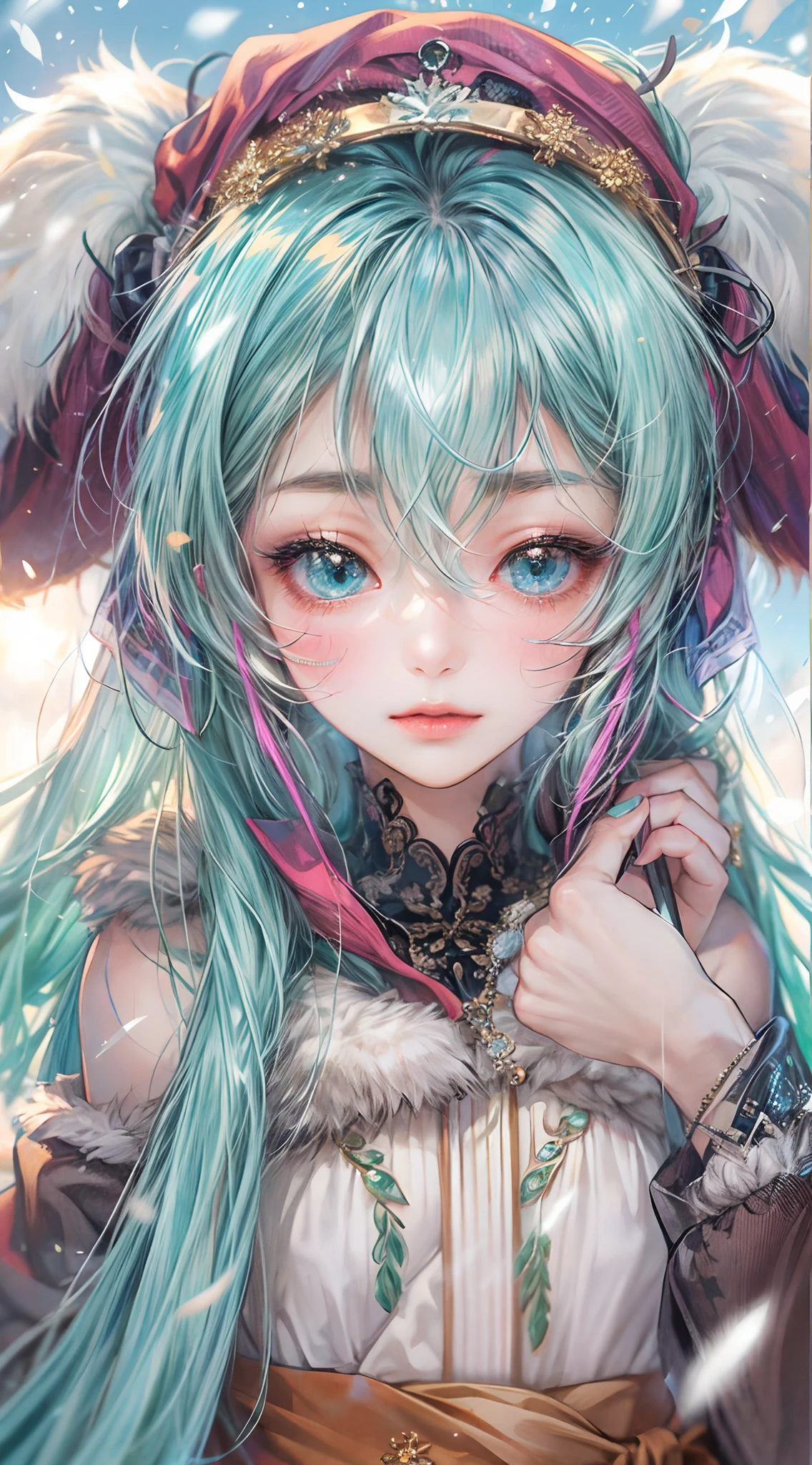 Absurdres masterpiece HDR high quality picture of Hatsune Miku, very young age girl 14 years old with detailed face, simple hair design , beautiful face, simple pose hands hiding in her long hair and clothes, very long hair, ((random hair style:1 )) , anime eyes, light skin ,
Santa Claus outfit , detailed hair ornaments , winter muffs and fur hat, beautiful town background, masterpiece scenery
