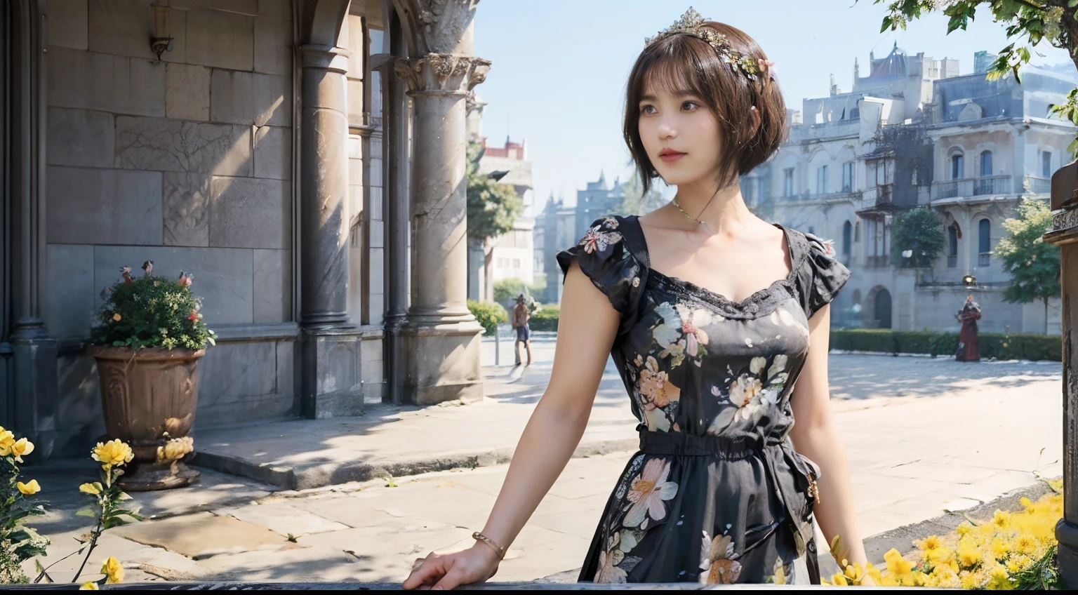 80
(20-year-old princess,is standing), (A hyper-realistic), (masutepiece), ((short-hair:1.46)), (Smooth black hair), (Breast:1.0), (kindly smile:0.9), (Floral Dresses:1.46), (Majestic Palace:1.46), Orange Lipstick