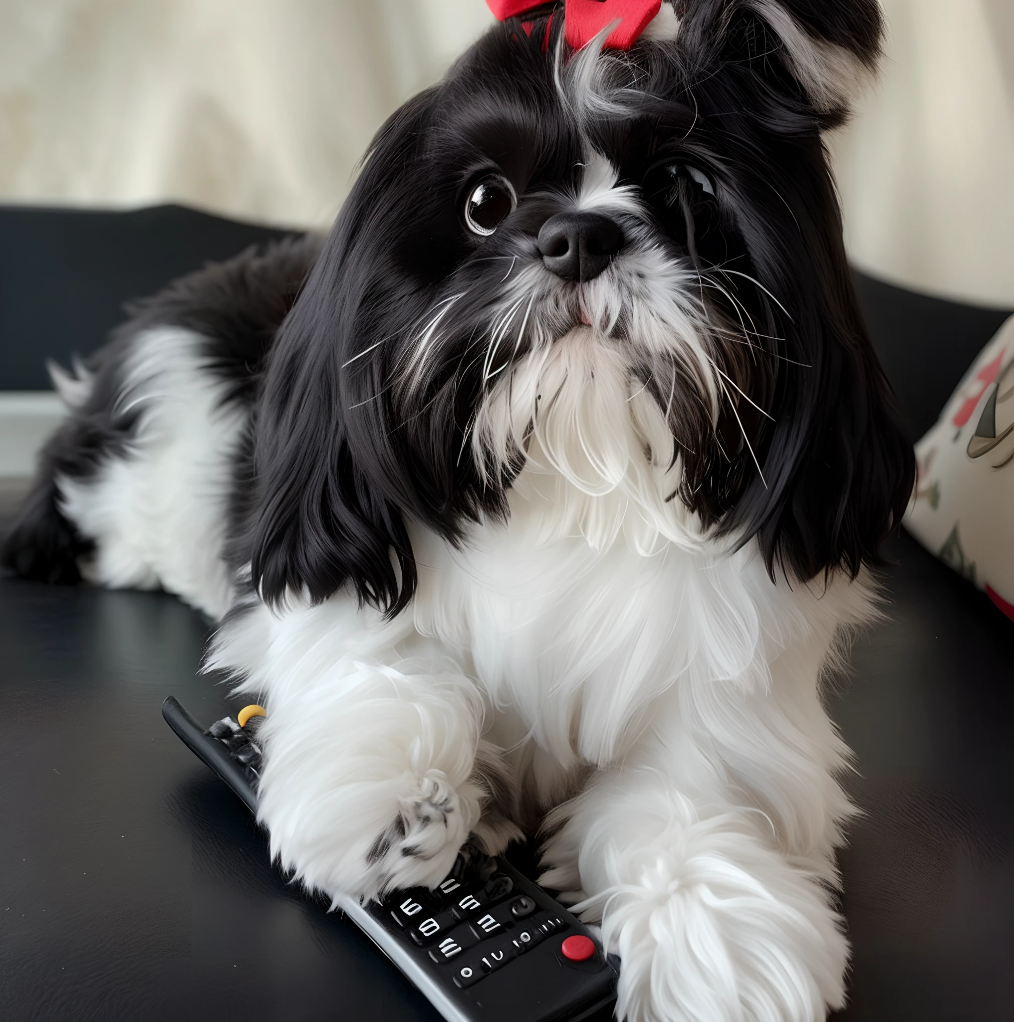 black and white cute puppy female shih tzu big red bow on the head disney pixar style