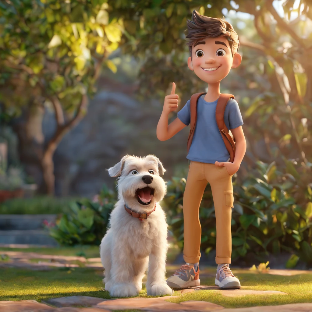 Lucas is a smiling 15-year-old human boy, com seu fiel amigo, Bolt, o cachorro schnauzer, deitados no jardim
