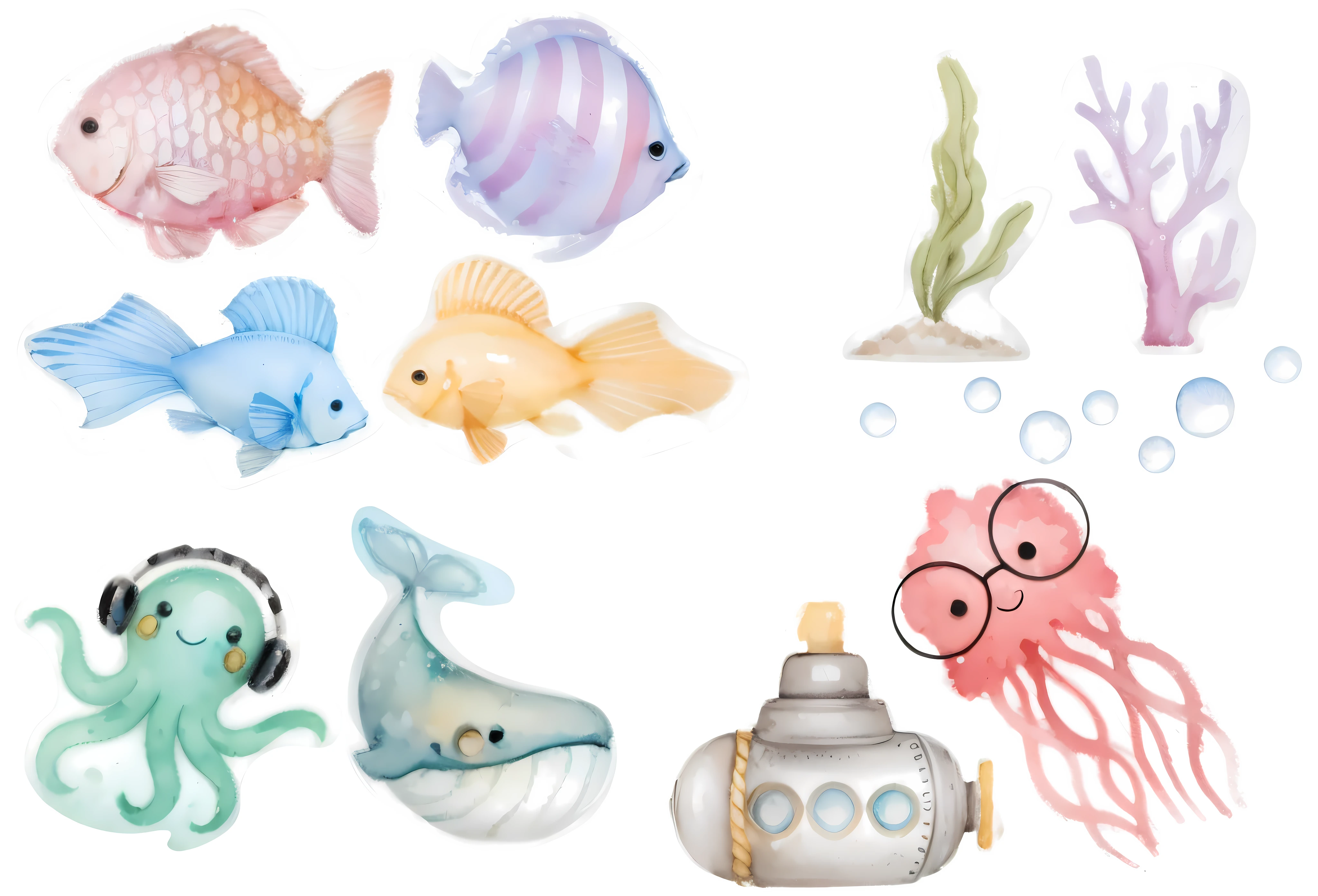 High Definition Watercolor Marine Elements