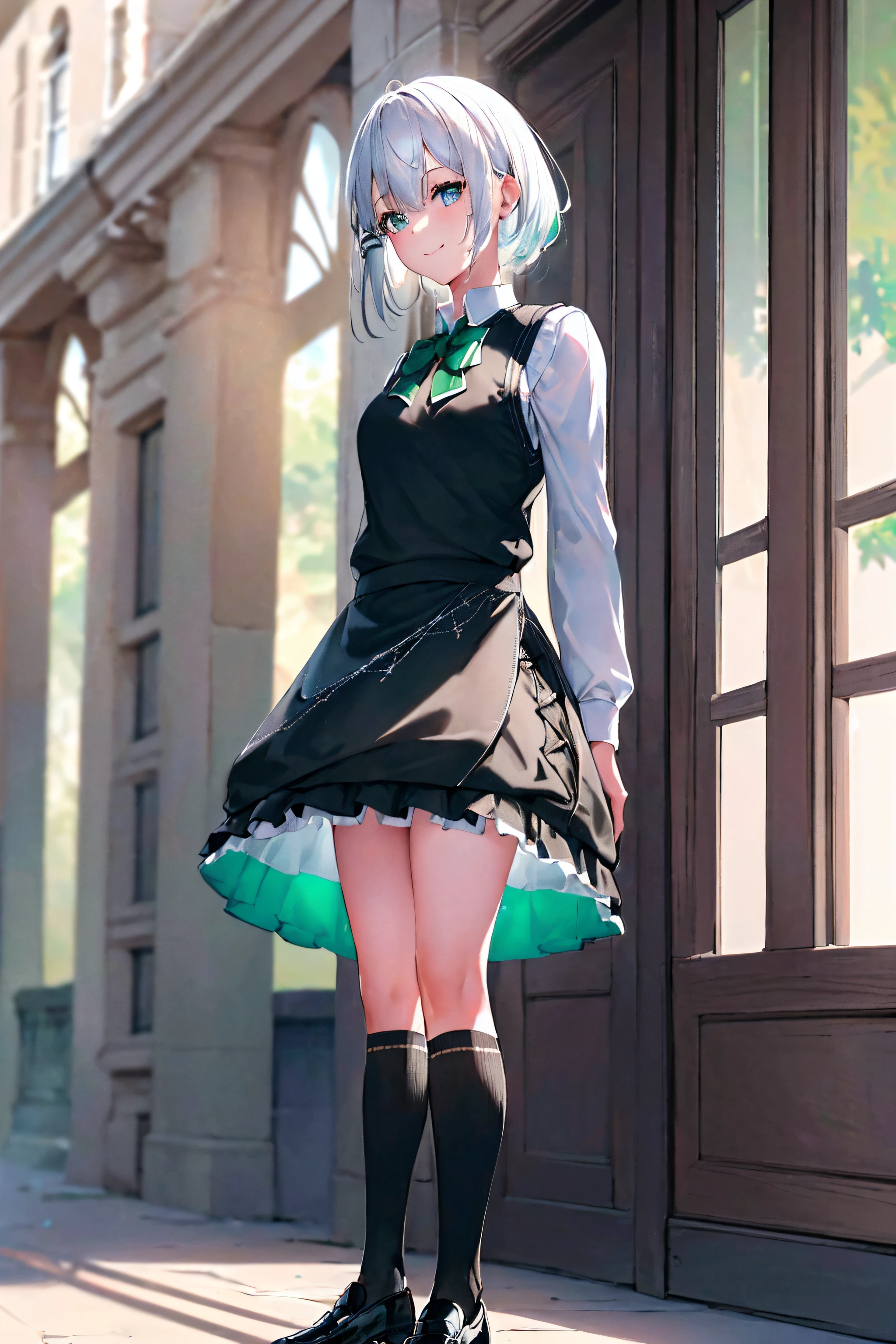 (Gothic lolita:1.4)、(Open Short Cape:1.2)、((bow ribbon、frilld):1.3)、(Green tartan plaid: 1.3)、((White placket、neck tie):1.3)、(shortsleeves:1.2)、((frills skirt、Multi-layer skirt):1.3)、(fishnet tights:1.2)、(gloves:1.2)、( × hair ornament、hair pin)