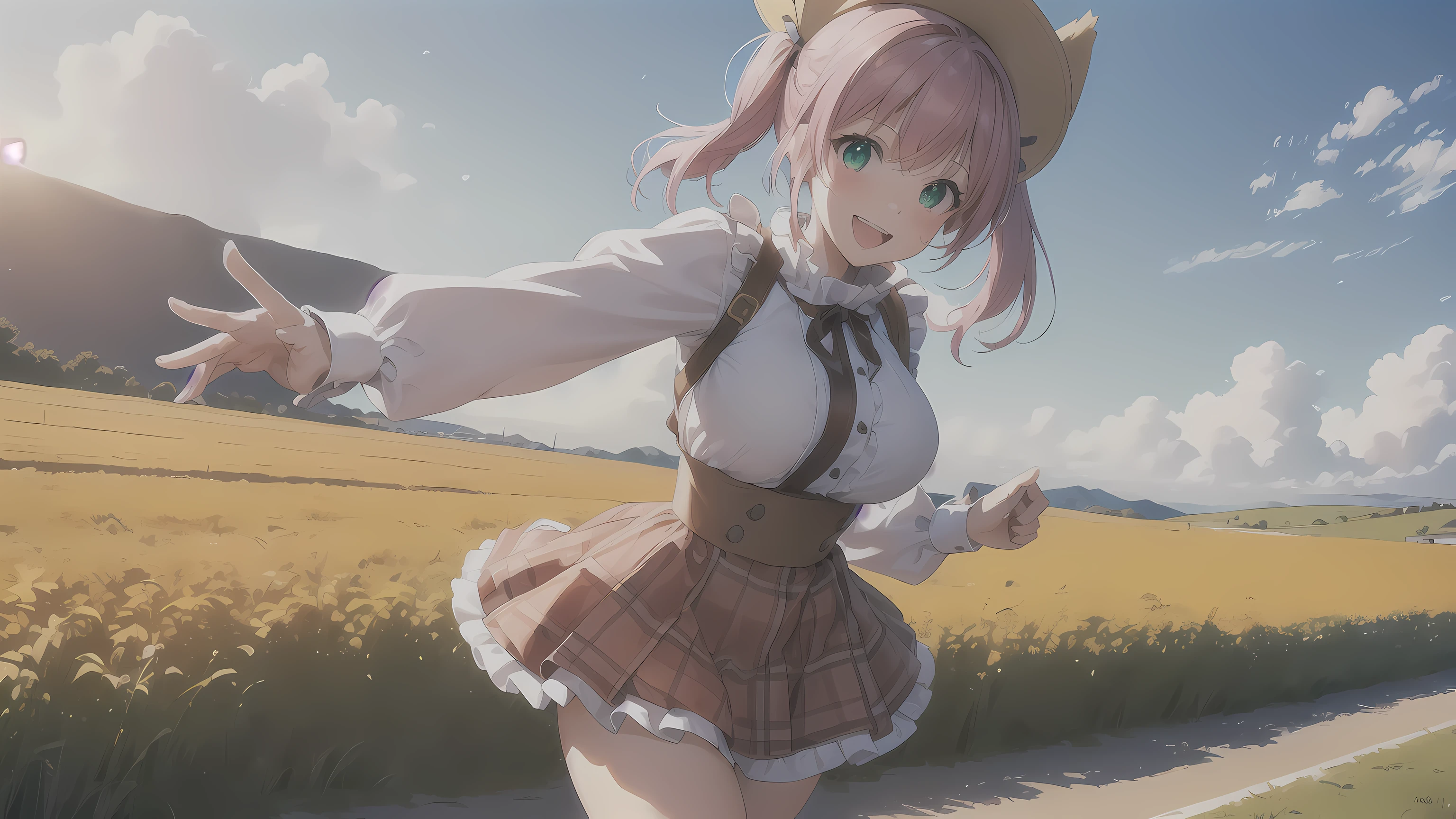 masterpiece, 1girl ((20year old, dressed in a thanksgiving pilgrim outfit, medium breasts, multicolor pink hair, twin ponytails, perfect model body, detailed green eyes:1.5, flirting, happy, big smile, cosplay as a sexy thanksgiving pilgrim, walking down a path:1.2, with cornfields in the background:1.3, fun and exciting atmosphere:1.2)) ((solo:1.6)) ((wide camera angle))
