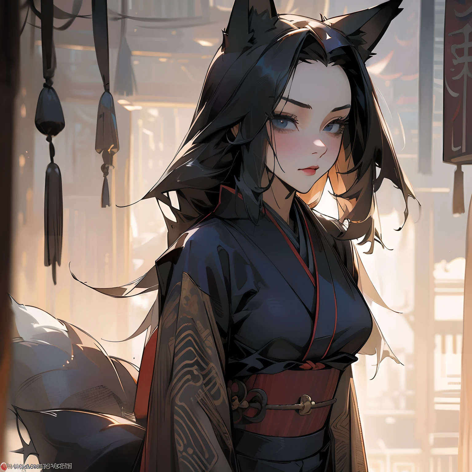 Masterpiece Best quality, the best definition to add aesthetic and lighting details black girl jackal, egiptian clothes, teen girl, ,black body, japanese shrine landscape, golden tattoo body, sensual eyes, red pupil, glowing eyes.
