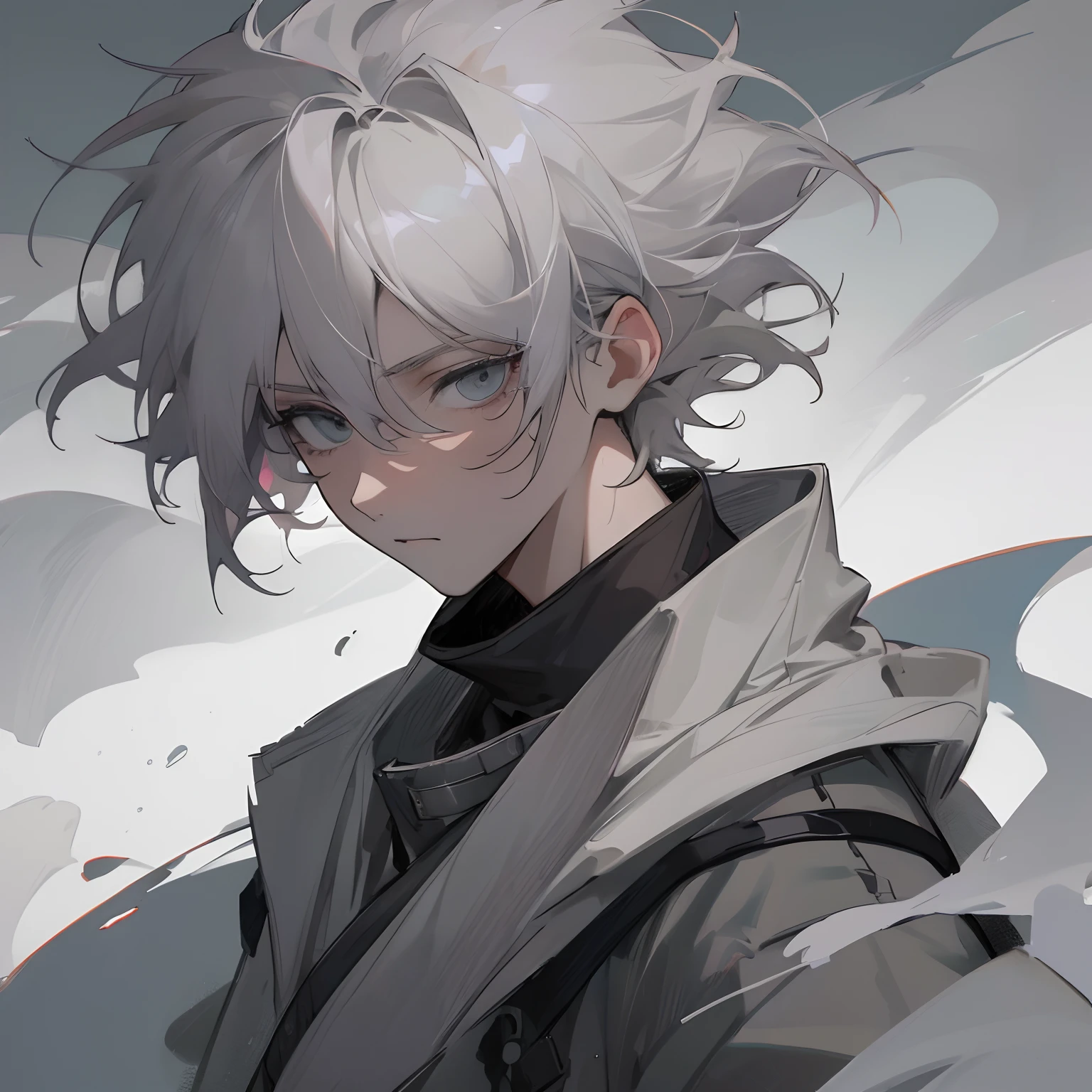(best quality,4k,8k,highres,masterpiece:1.2),ultra-detailed,,1male,pale white hair,grey eyes,messy hair,white and grey combat jacket,cloudy background,somber expression,ninja clothing,young male,child,river village background,portraits,vivid colors,soft lighting.