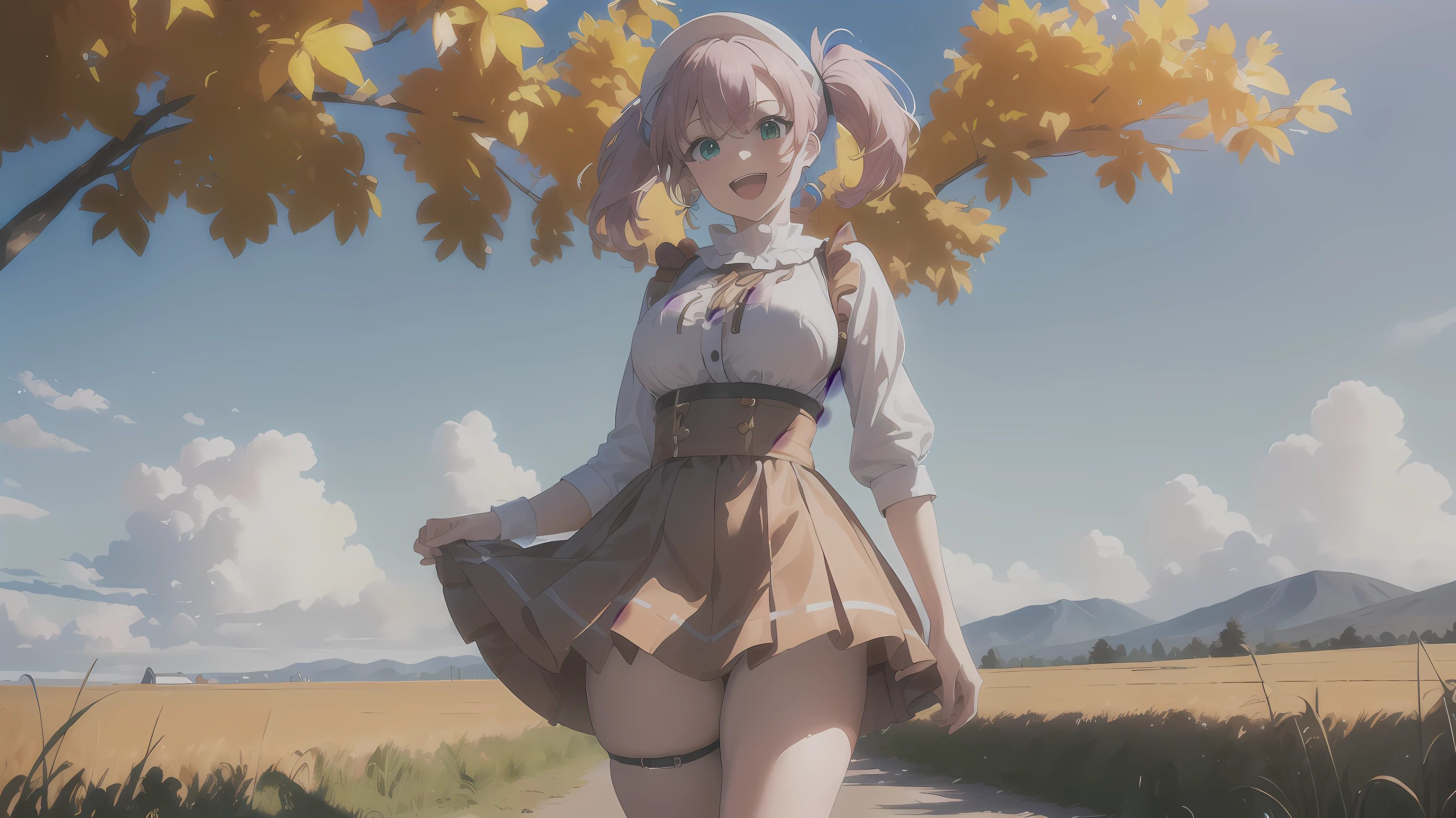 ​masterpiece, 1girl ((20year old, dressed in a thanksgiving pilgrim outfit, medium breasts, multicolor pink hair, twin ponytails, perfect model body, detailed green eyes:1.5, flirting, happy, big smile, cosplay as a sexy thanksgiving pilgrim, walking down a path:1.2, with cornfields in the background:1.3, fun and exciting atmosphere:1.2)) ((solo:1.6)) ((wide camera angle))