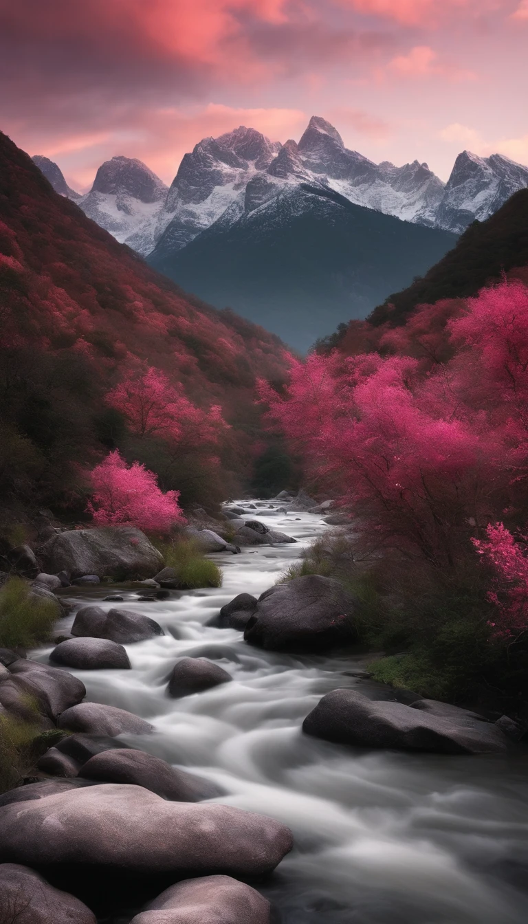 imagem realista de uma paisagem montanhosa com um rio que passa por ela.
The colors used in the image are predominantly pink, vermelho e preto com um pouco de branco e cinza.
The image is of a mountain valley with a river running through it.
The river is black and the stones in the river are grey.
The trees and vegetation are pink and red.
The sky is light pink and the sun is white.
The mountains in the background are gray and white.