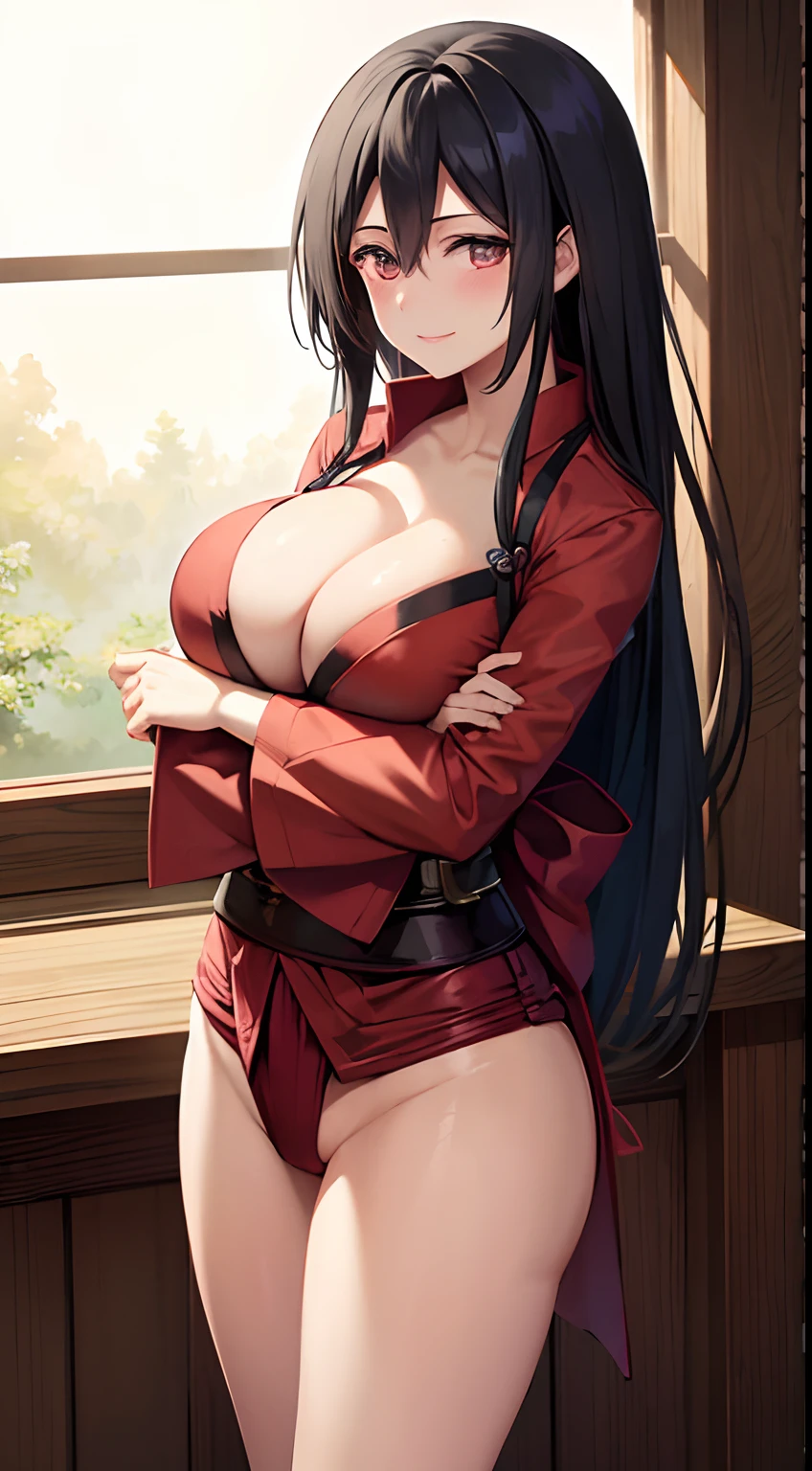 1 girl, Mikasa Ackerman, long hair, very big breasts, sexy body, smiling and blushing, wearing a kimono that shows cleavage