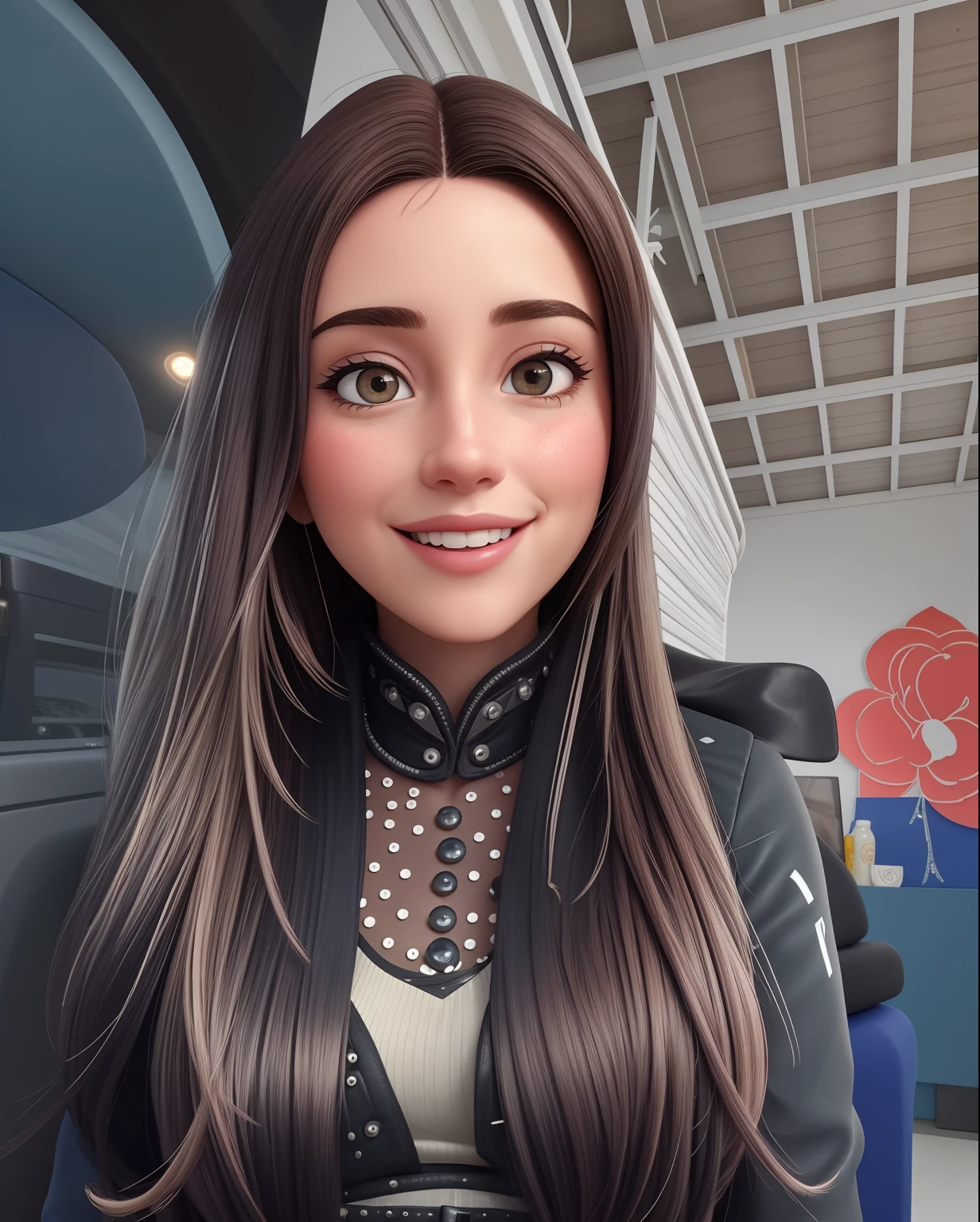 Uma mulher de 30 anos, com longos cabelos castanhos escuros, Rosto redondo, sorriso encantador, e olhos pretos , showcasing your happiness in creating content for Instagram.