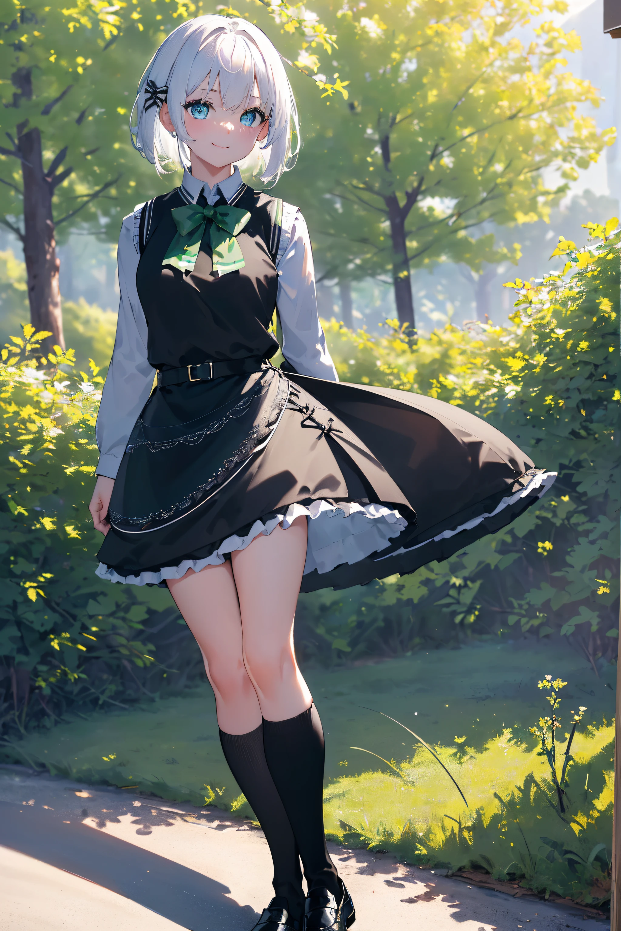 masterpiece, best quality, highres, 1girl white hair blue eyes x hair ornament,(wearing black footwear, kneehighs, green skirt, black socks, loafers, green bow, sweater vest, green ribbon:1.2), standing, leaning forward, (arms behind back:1.2), smile, simple background,NSFW,official art,extremely detailed CG unity 8k wallpaper, perfect lighting, (masterpiece:1.0),(best_quality:1.0), ultra high res,4K,ultra-detailed, photography, 8K, HDR, highres, absurdres:1.2, Kodak portra 400, film grain, blurry background, bokeh:1.2, lens flare, (vibrant_color:1.2),(beautiful_face:1.5),(narrow_waist),(perfect hands, perfect anatomy),