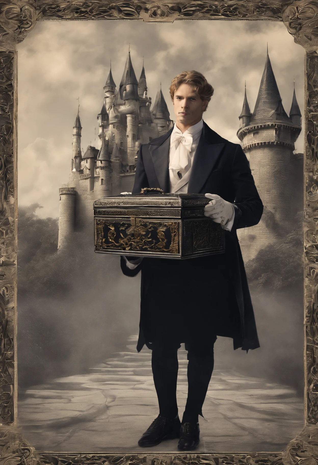 a butler, holding a black jewelry box, 8k, detailed scene, minimal details of a castle, butler's outfit, imperial style jewelry box, focused photo, lots of details.