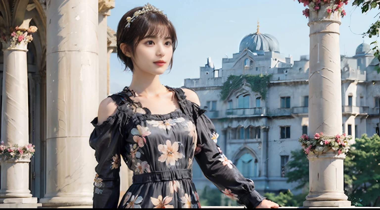 80
(20-year-old princess,is standing), (A hyper-realistic), (masutepiece), ((short-hair:1.46)), (Smooth black hair), (Breast:1.0), (kindly smile:0.9), (Floral Dresses:1.46), (Majestic Palace:1.46), Orange Lipstick