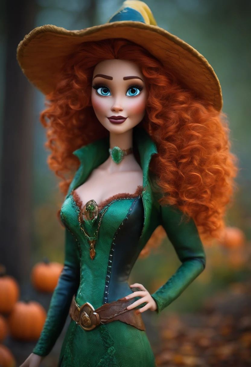 Criar um personagem no estilo pixar. Mulher, branca, de olhos castanhos esverdeados, com cabelo ondulado ruivo avermelhado, sorrindo levemente. Usando uma fantasia de Bruxa no halloween.