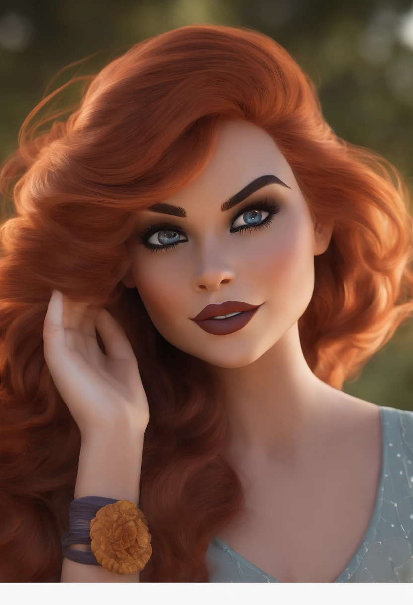 Criar um personagem no estilo pixar. Mulher, branca, de olhos castanhos esverdeados, com cabelo ondulado ruivo avermelhado, sorrindo levemente. Usando uma fantasia de Bruxa no halloween.