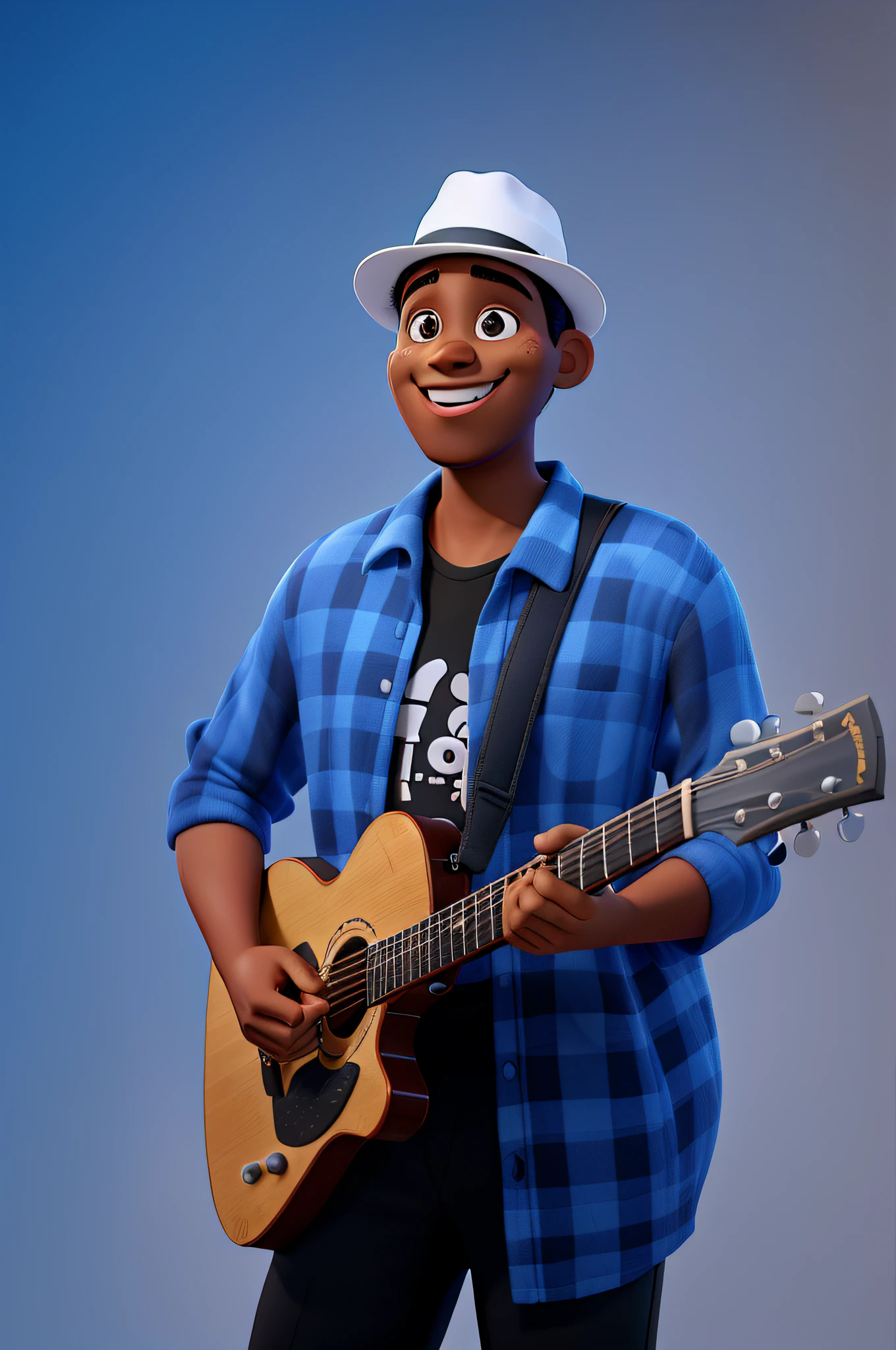A black man smiling Disney Pixar style with a guitar and white hat