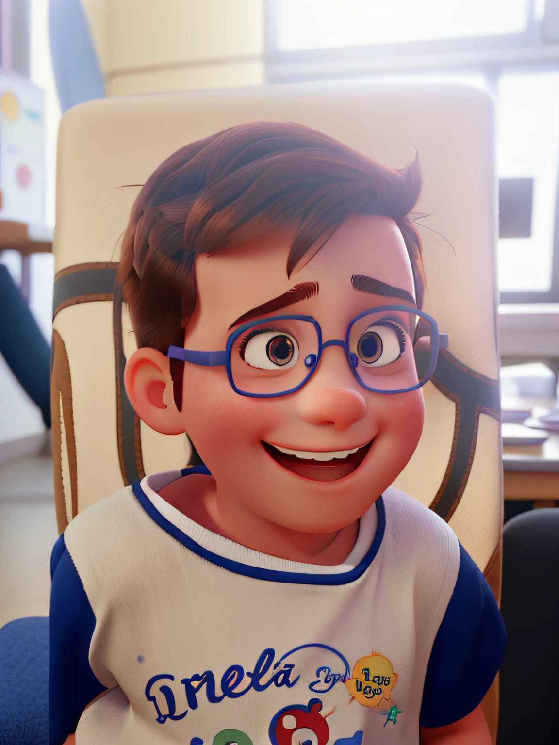 A 3-year-old child with a disney pixar style pair of glasses, alta qualidade, Best quality against a background of a school with kids around you laughing at it