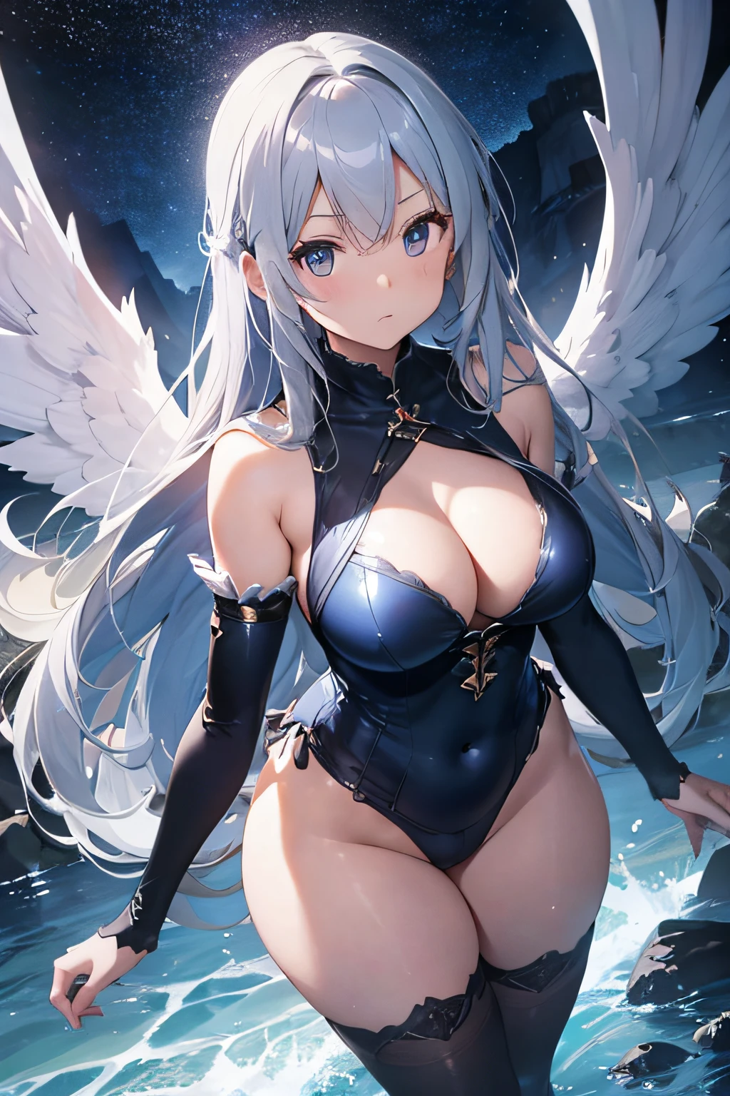 the angel's wings、Silvery hair、Longhaire、In the blue light、fantastic landscape、Serious face、plump breasts、Wizard's Clothing、Full-body figure、Thin thighs