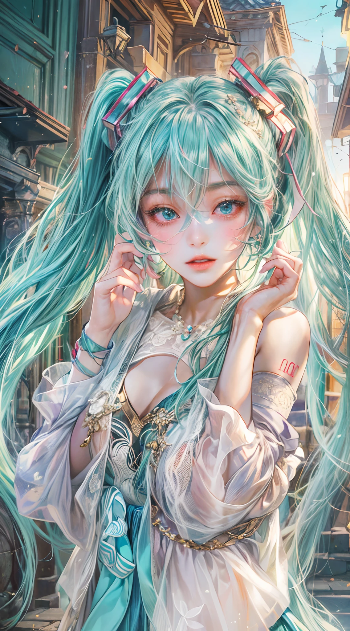 Absurdres masterpiece HDR high quality picture of Hatsune Miku, very young age girl 14 years old with detailed face, simple hair design , beautiful face, simple pose hands hiding in her long hair and clothes, very long hair, ((random hair style:1 )) , anime eyes, light skin , 

Sexy prom outfit , detailed hair ornaments  , beautiful town background, masterpiece scenery