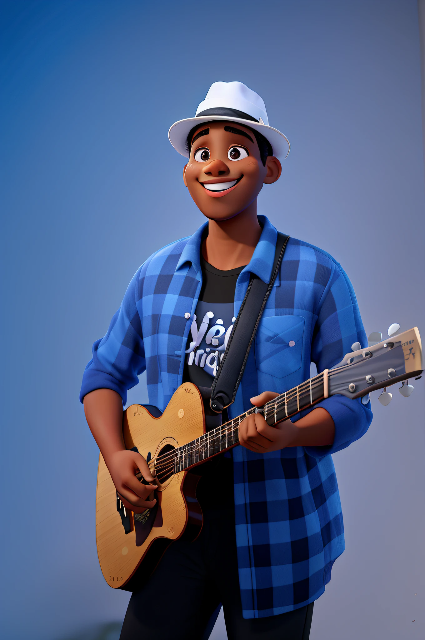 A black man smiling Disney Pixar style with a guitar and white hat