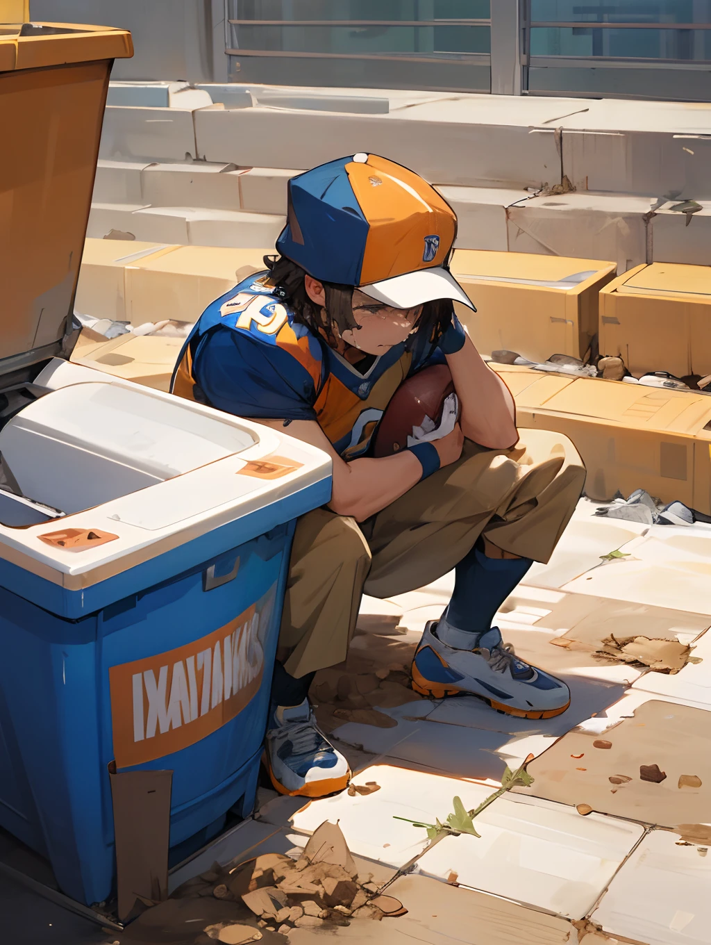 Denver broncos fan wearing trash barrel. they lose. The broncos fan is sad, the broncos fan poops his pants. The football game is over. The broncos fan is crying. The bronco fan is wearing a shirt that says javon walker