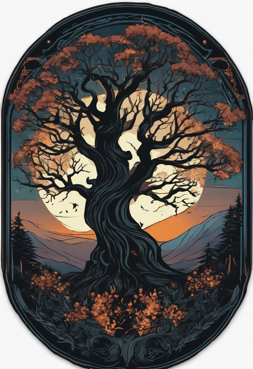 /imagine prompt: wizard tree illustration for a sticker with a black background, in bold outline style, jagged edges, trashcore, light shading --v 5.2