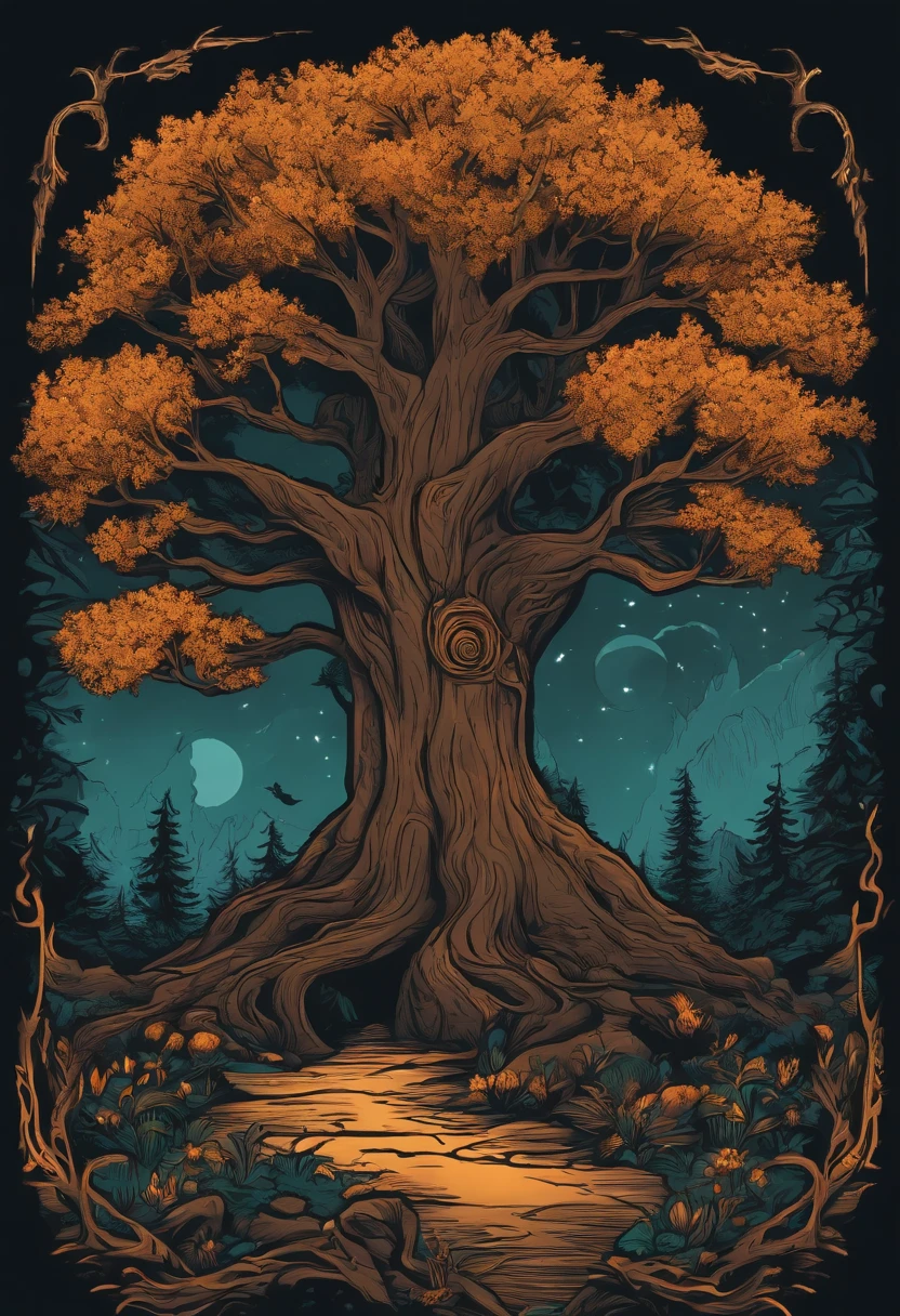 /imagine prompt: wizard tree illustration for a sticker with a black background, in bold outline style, jagged edges, trashcore, light shading --v 5.2