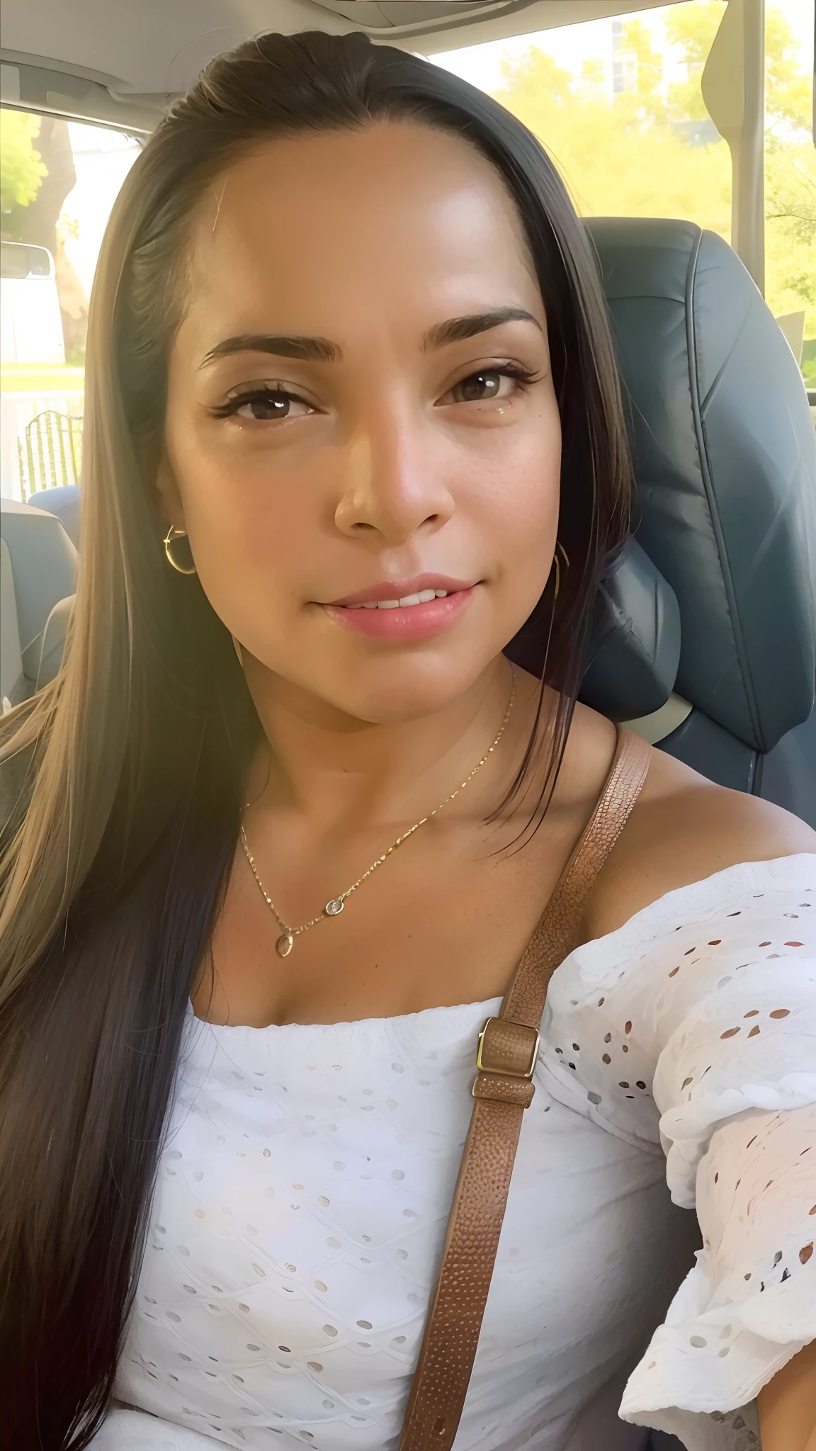 There's a woman sitting in a car with a purse, Mulher de 30 anos de Cuba, lindo rosto latino, Alanis Guillen, Violeta Myers, 3 0 anos de idade mulher, Mulher de 30 anos, selfie de uma jovem mulher, taken in the early 2020s, foto de perfil headshot, imagem de perfil, colombiano