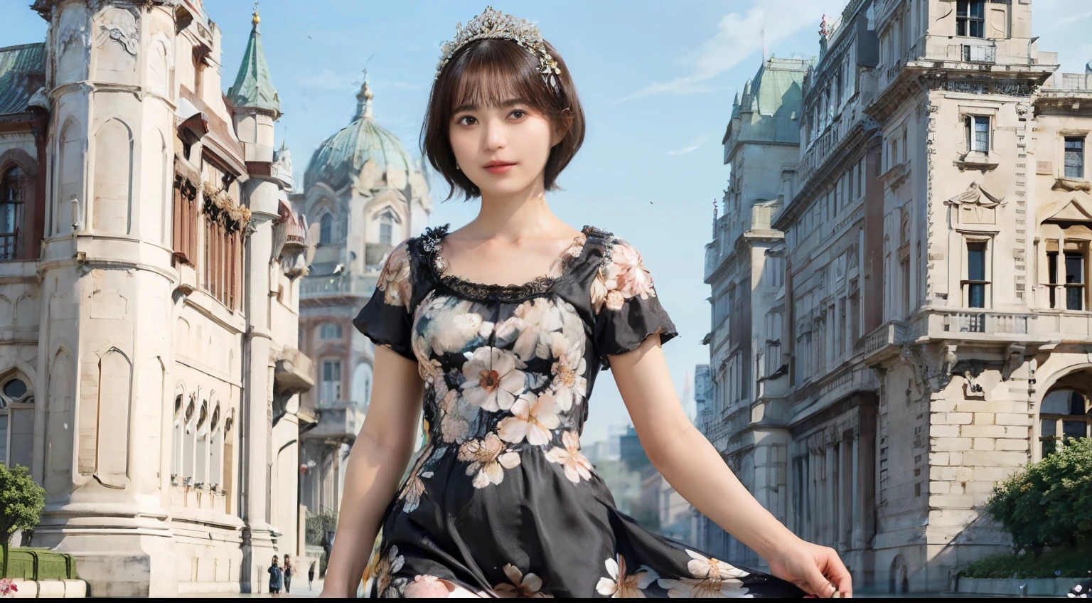 80
(20-year-old princess,is standing), (A hyper-realistic), (masutepiece), ((short-hair:1.46)), (Smooth black hair), (Breast:1.0), (kindly smile:0.9), (Floral Dresses:1.46), (Majestic Palace:1.46), Orange Lipstick