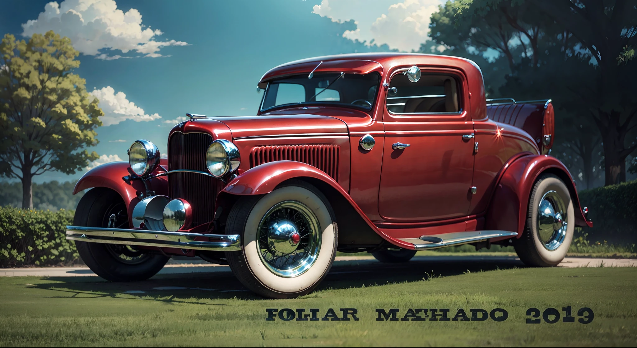 Beautiful red 1932 Ford car in front of a lawn surrounded by greenery and a blue sky in the background