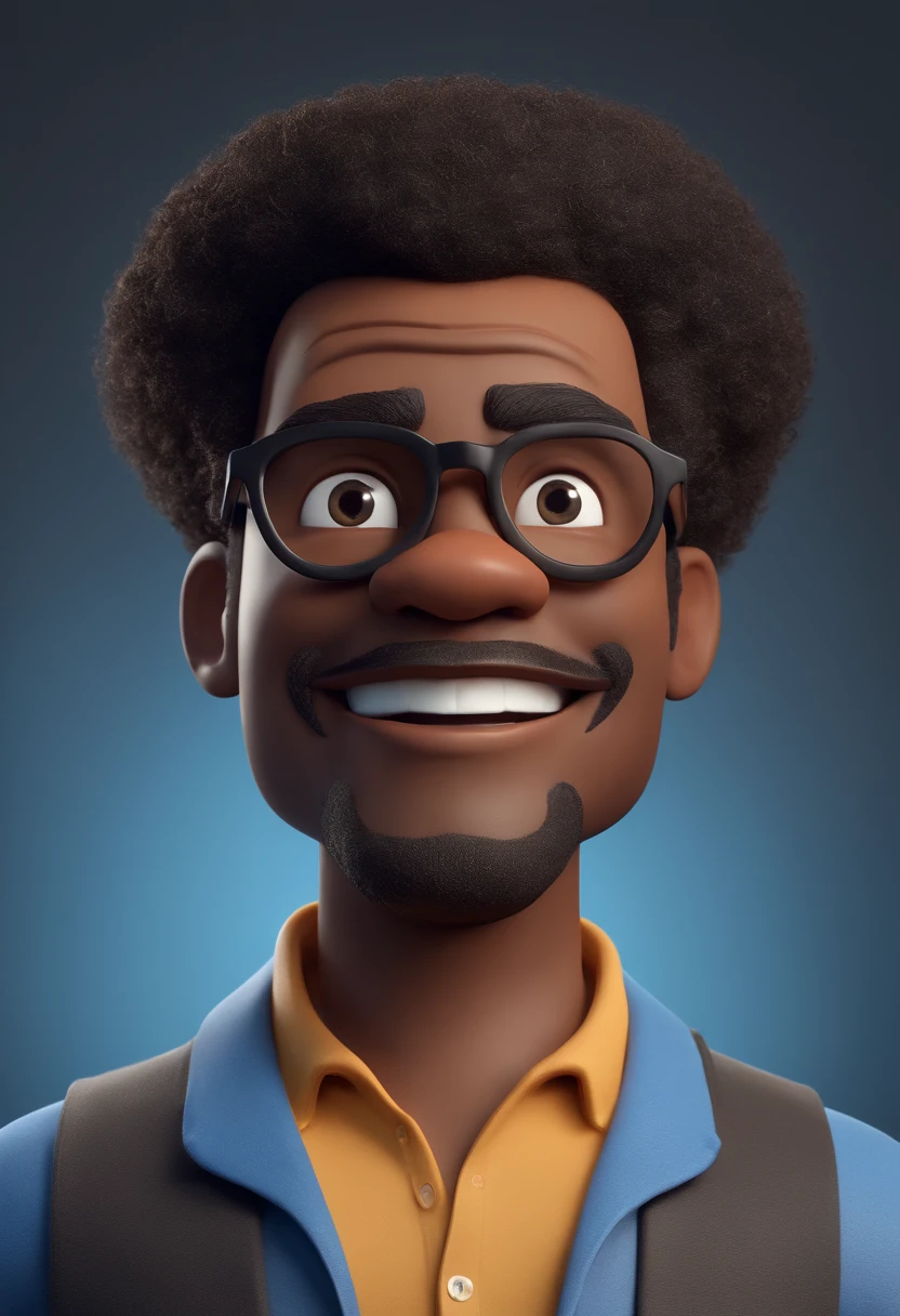 Cartoon character of a curly black man with black glasses and a blue shirt, animation character, Caractere estilizado, animation style rendering, 3D estilizado, Arnold Maya render, 3 d render stylized, toon render keyshot, Personagem 3D, Personagem 3D, 3d rendering stylized, 3 d character render, personagem de desenho animado, Personagem de close up, Pose de personagem, (Estilo Pixar) (master part:1.2) (Bokeh) (best quality) (pele detalhada) (textura detalhada) (8k) (argila) (Cinematic lighting) (foco nítido