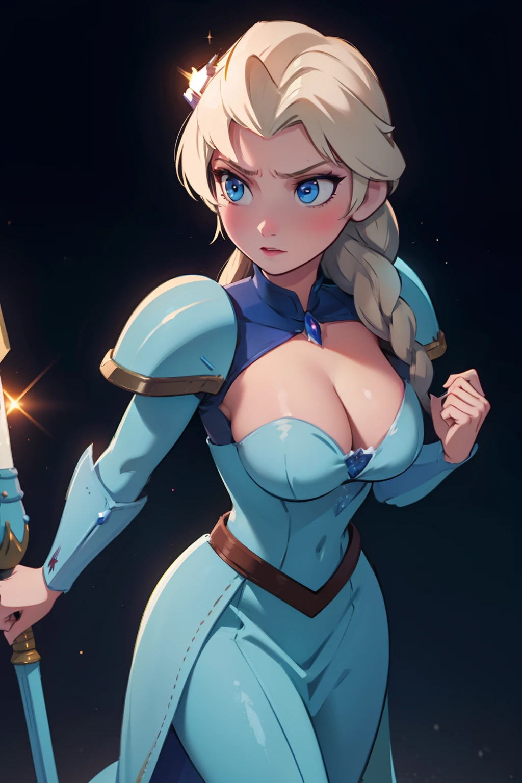 Elsa in spacemarine armor, warhammer, facing forward large breasts, cleavage