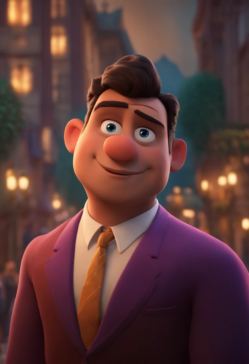 A city councilman looking at a dream project inspired by Pixar animation, de perto. The character takes center stage with captivating facial expressions, oferecendo um toque de irrealidade