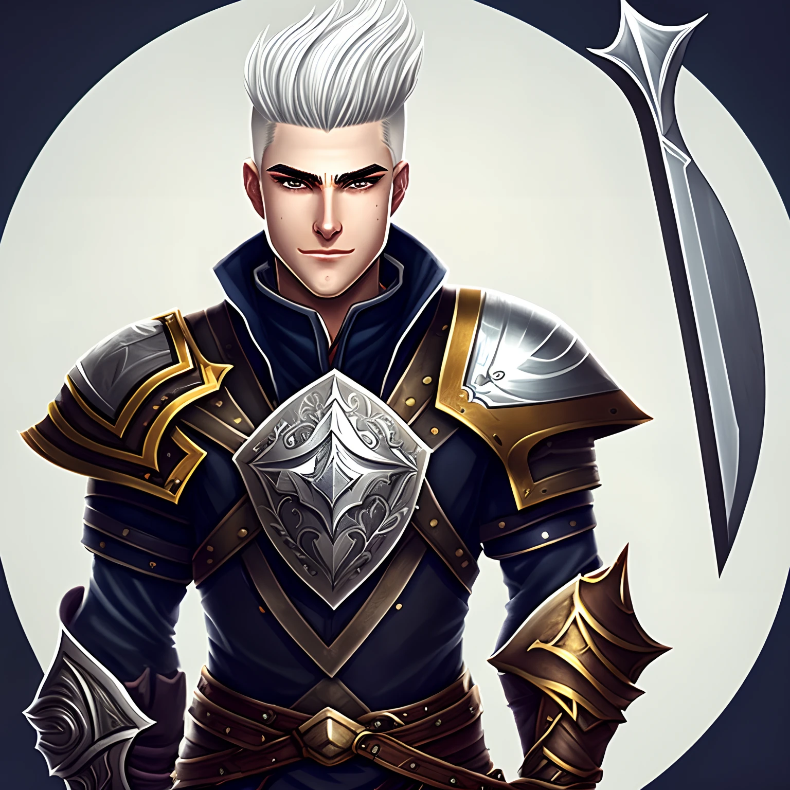 A male Paladin holding a great sword and a shield. He has white hair. He has an undercut hairstyle.