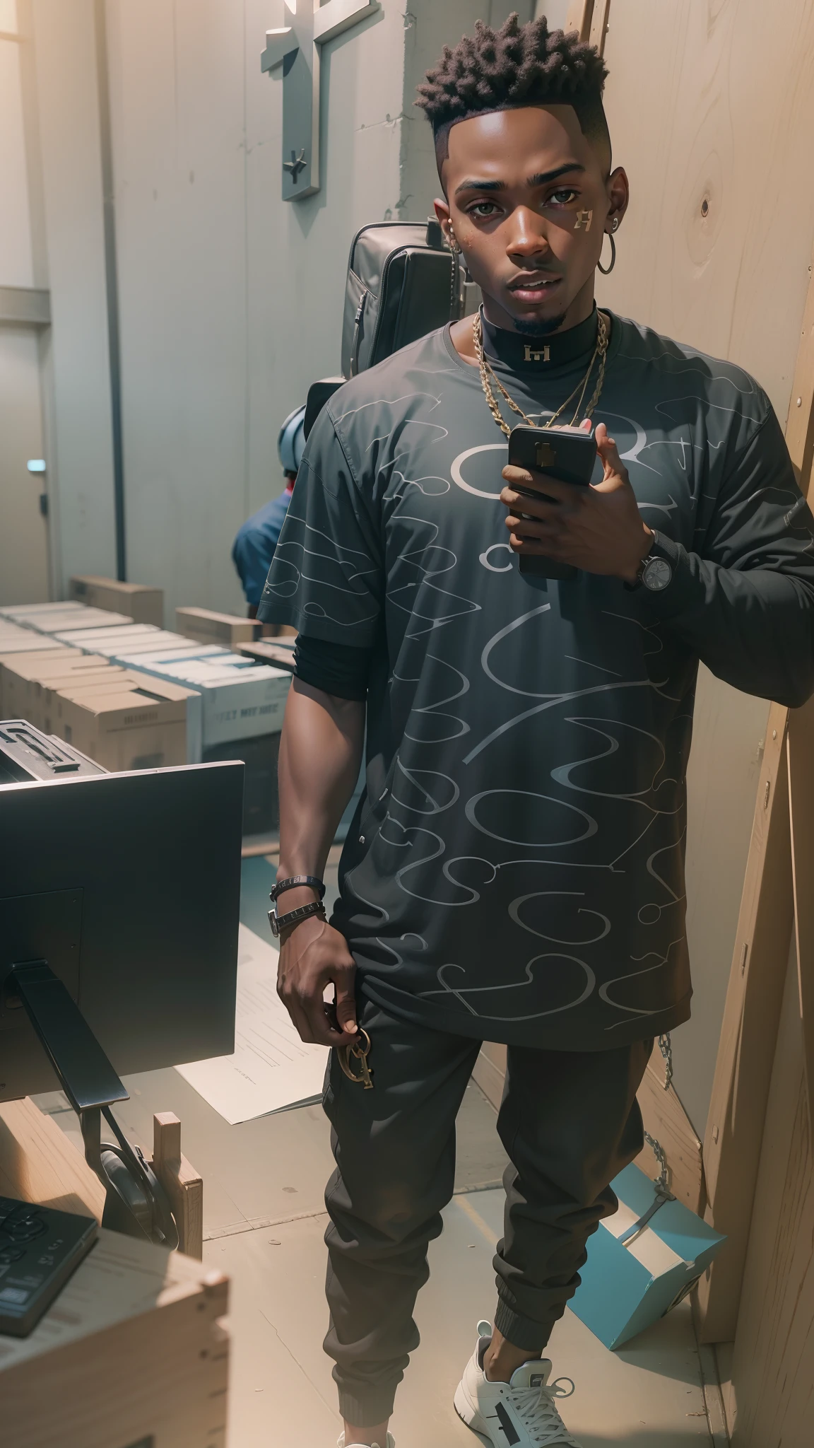 Putting black boy in hip hop style with a bible in hand in freight to a church with heart and a cross in the middle of the church sign like Disney Pixar movie