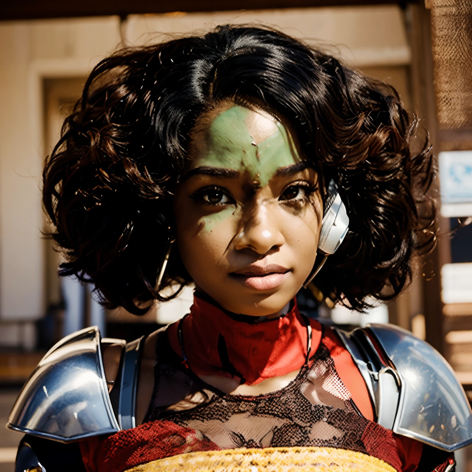Crie um personagem no estilo Disney Pixar. The main character is a black woman, com cabelos longos, cacheados, castanho acobreado com uma mecha vermelha na frente.