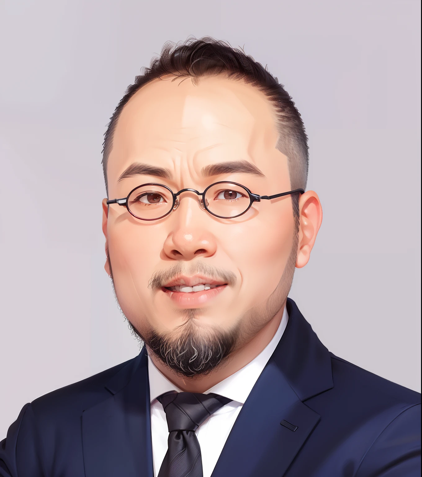 greybackground，simplebackground，1 Asian man，Teachers，Business suit，eye glass，with short black hair，ssmile，standing on your feet，The is very detailed，Consistent with photos，Remove the beard，best qualtiy，4K