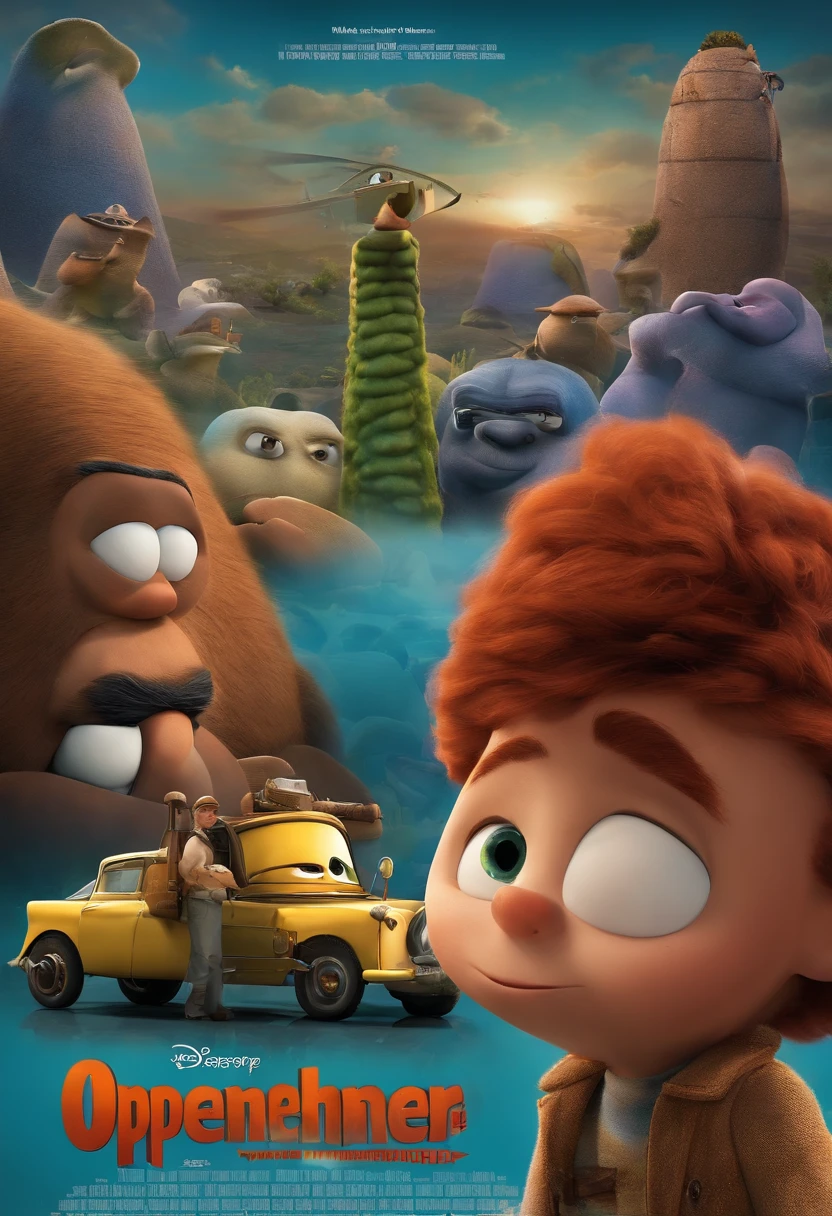 movie Oppenheimer 2023 style movies Pixar, with name "Oppenheimer", poster, with credits