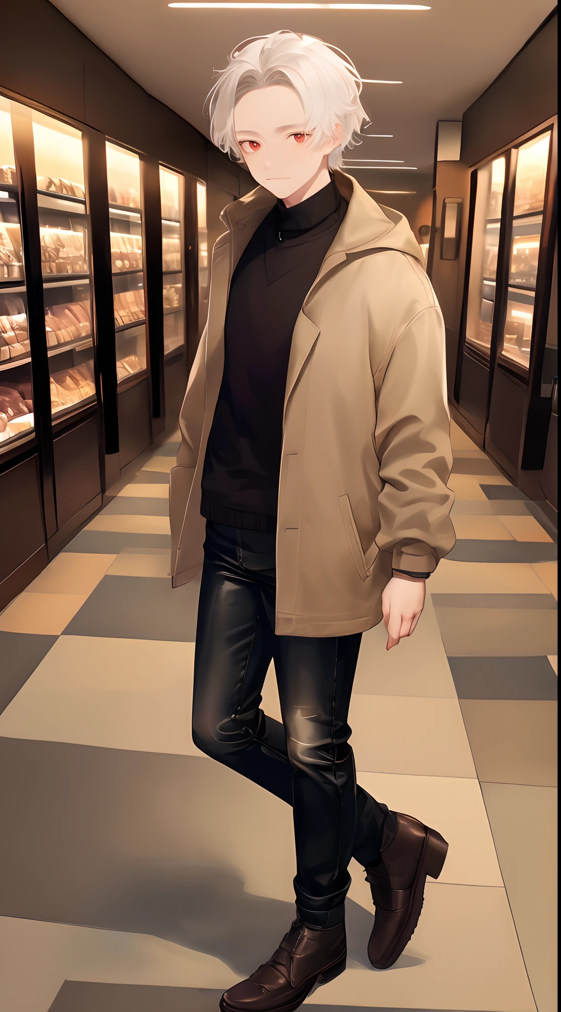 (4K works))、​masterpiece、(top-quality)、((In front of the department store))、Korean Male、Adult male、((Adult 50 years old))、((Adult uncle type))、((Leather Jeans Style))、((Face similar to Hyunjin))、Cool Men、tall、((Gentle face))、((Cool werewolf fashion in black))、((Long sleeve long trouser style))、((Smaller face))、Slim body、((Uncle))、((white  hair))、((white short-haired))、((Red Eyes))、((shot from front))、((Shot alone))、((Solo Photography))、Professional Photos、((Reach out to your audience))、((He walks in front of the viewer))、((dad bod))、