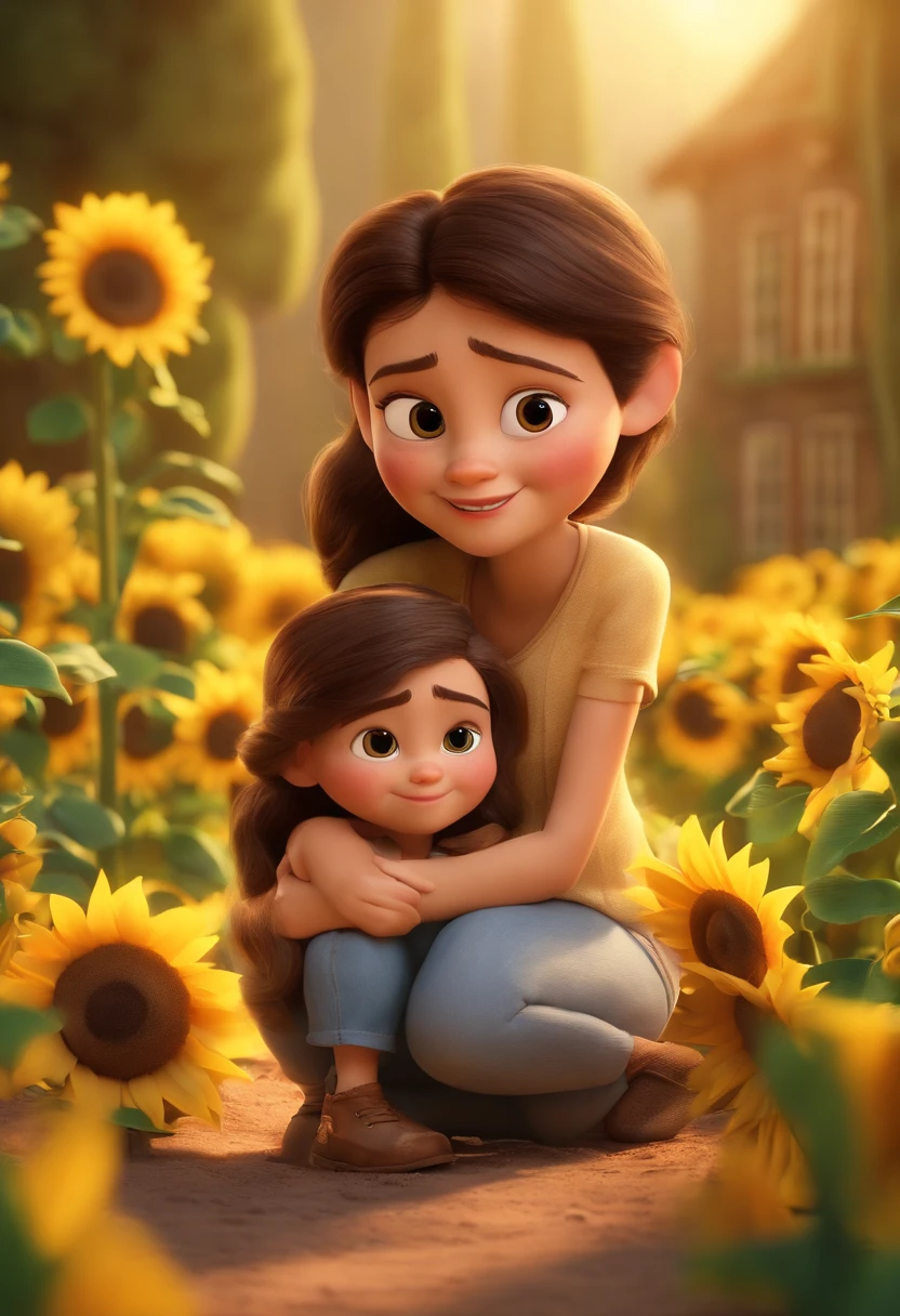 Create a Disney PIXAR-style 3D poster. ((centro da imagem, Triplets)), ((2 children)) ((1 menino no meio e 1meninas ao lado, They're hugging each other, O menino  e ele e maior que a menina tem pele castanha e cabelos castanhos escuros e olhos castanhos escuros, 1 menina tem pele clara, olhos e cabelos escuros e cacheados, e a outra menina tem pele morena, olhos escuros e cabelos escuros e lisos)) ((tudo isso no estilo Disney PIXAR 3D, In the background, A house of sunflowers, Gloria Studio, The garden is full of nature 3D render RTX clay material, estilo de design cartunesco, POP Mart, soft lighting, linhas suaves, Spring tilt, Detailed illustrations of PIXAR 3D, Detalhes hiper-realistas, cor quente no estilo Disney PIXAR 3D))