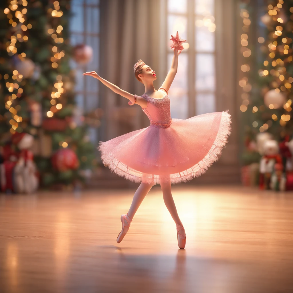 Happy ballerina in beautiful dress dances with her nutcracker doll at Christmas party, Brilhante e delicado,fundo limpo, Bom brilho, 3D rendering of,best quality