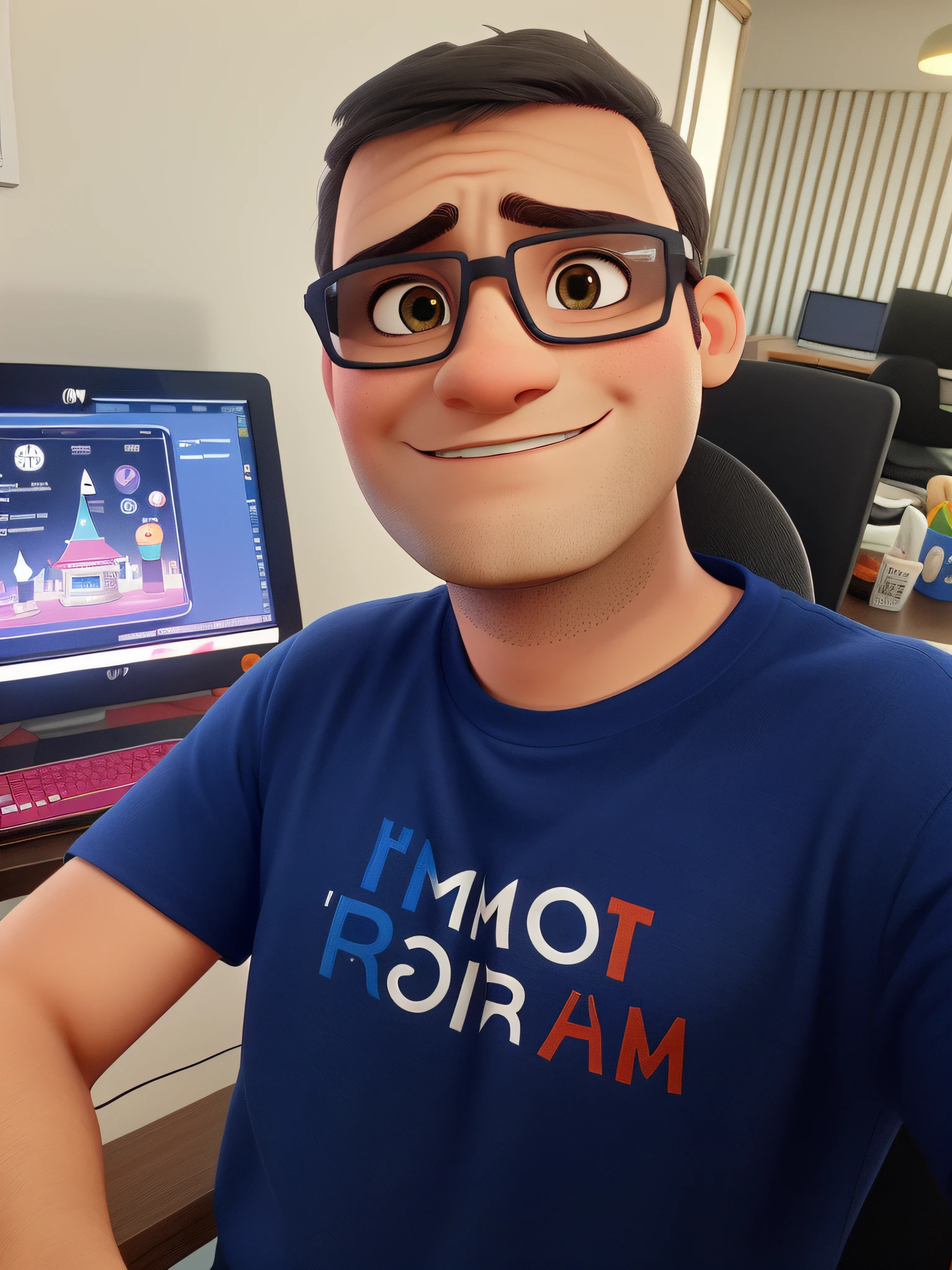 um personagem que seja inspirado no universo disney pixar, cores vibrantes, texturas detalhadas. ele tem 21 anos de idade, He doesn't have a beard, Wear nerd glasses, usando camiseta preta, com cabelos curtos penteados para o lado, olhos na cor preta. Pretty serious